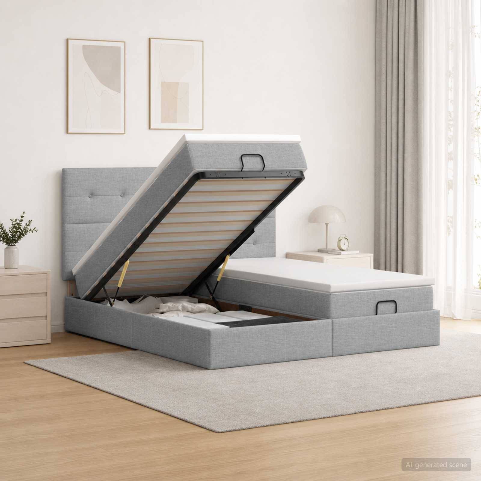 Ein grau gepolstertes Speicherbett in einem Schlafzimmer, wobei die Matratzenunterlage hochgeklappt ist, um Stauraum-Fächer unter dem Bett freizulegen.