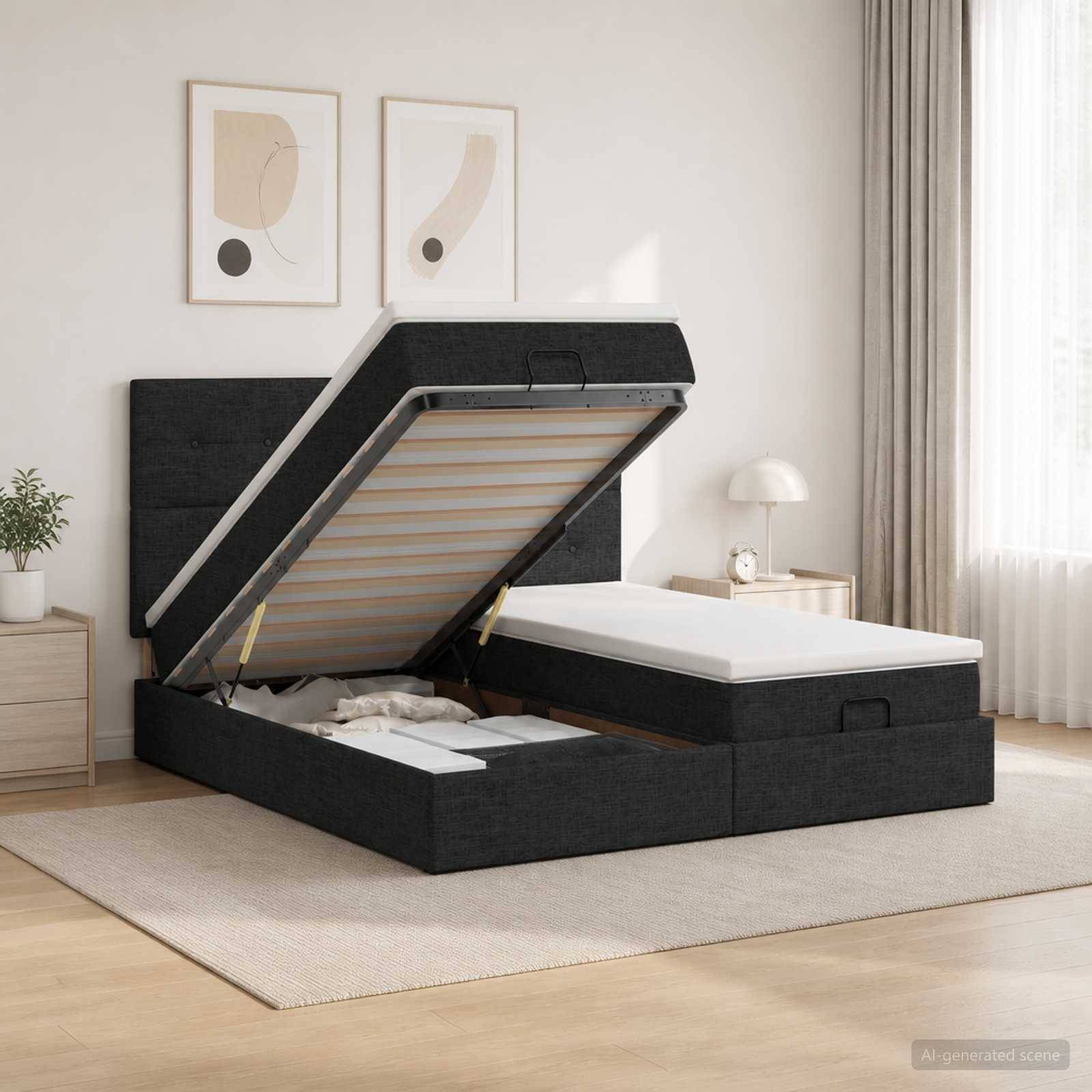 Ein dunkel gepolstertes Bett mit Hubmechanismus und der linken Seite hochgeklappt, das darunter liegende Stauraum offenlegt, in einem hellen modernen Schlafzimmer.