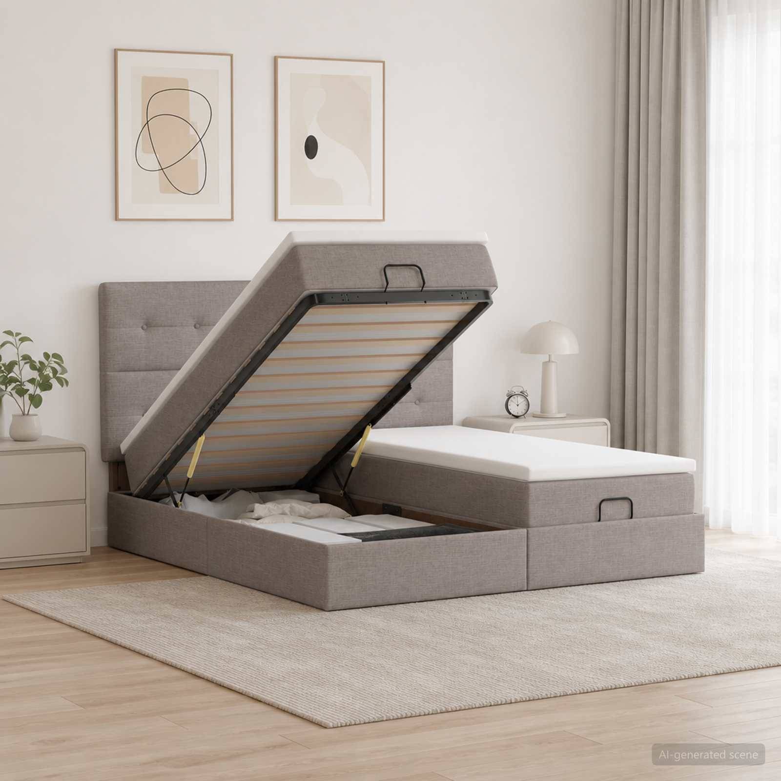 Graugepolstertes Bett mit einer hochgeklappten Matratze auf einer Speicherbasis, die unter dem Bett Stauraum in einem hellen modernen Schlafzimmer zeigt.