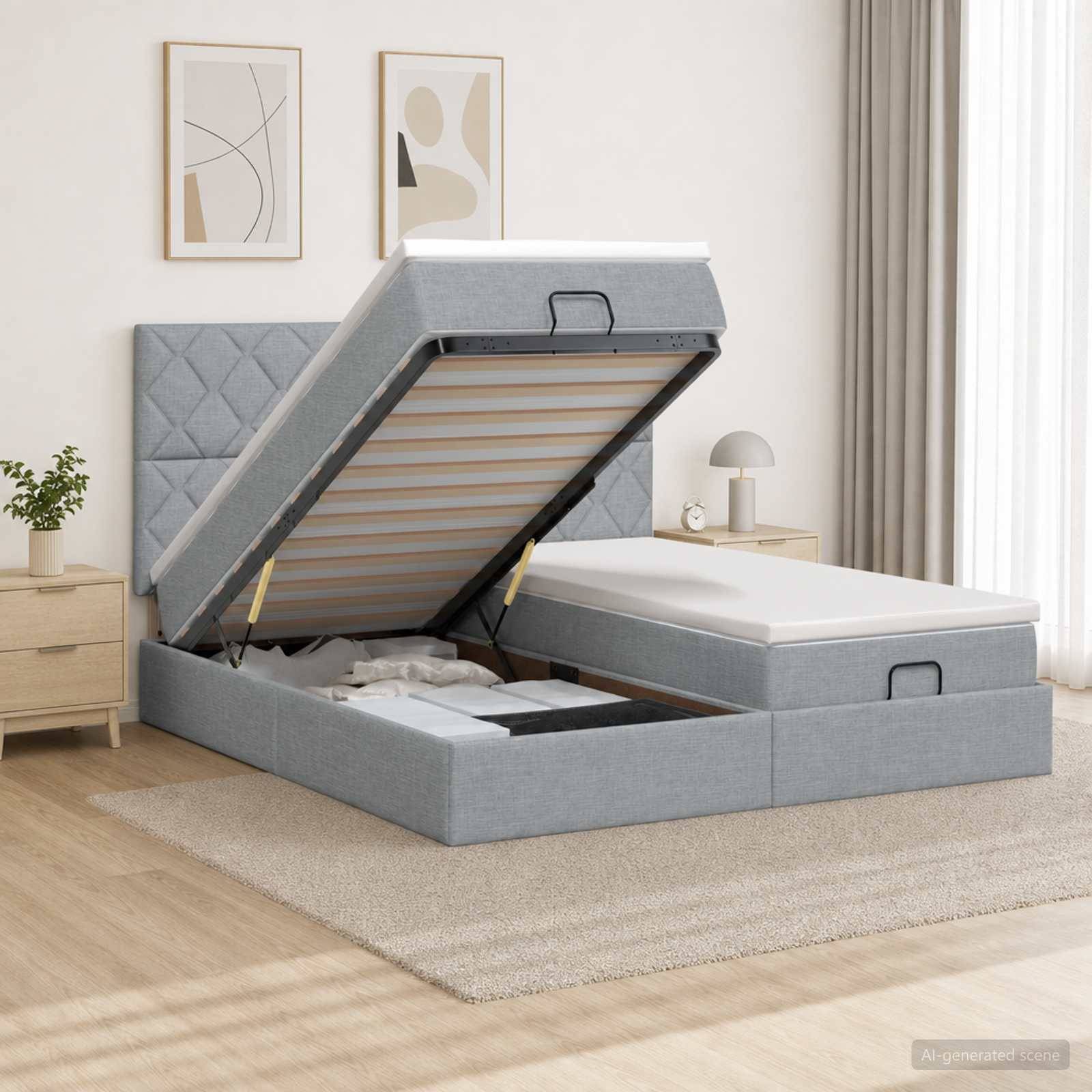 Grau gepolstertes Speicherbett mit angehobener Matratzenunterlage, die den Stauraum unter dem Bett in einem hellen modernen Schlafzimmer offenbart.