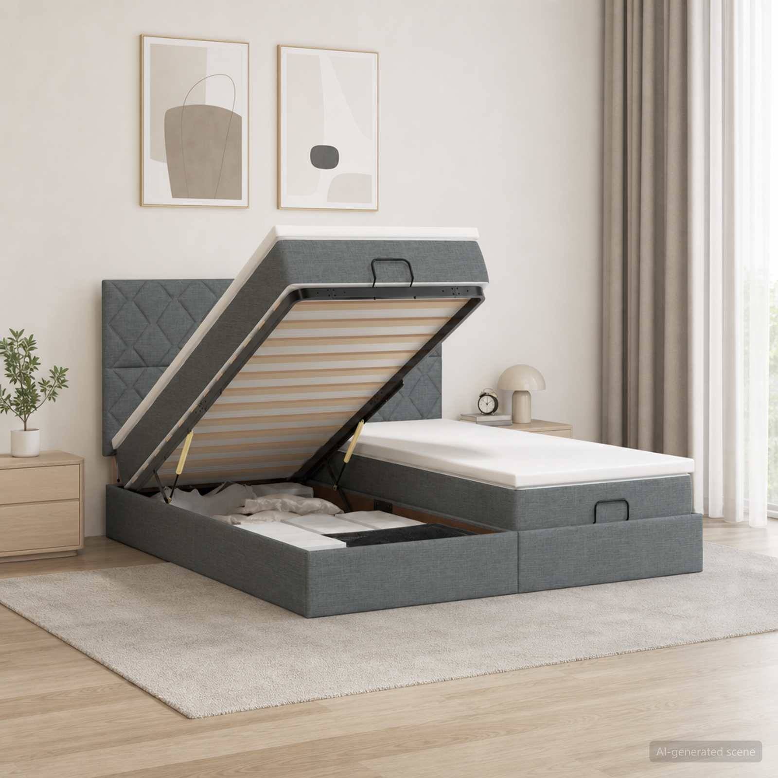Graues gepolstertes Bett mit Hubfunktion und Stauraum, bei dem die Matratze hochgeklappt ist, um den Stauraum unter dem Bett in einem hellen Schlafzimmer zu zeigen.