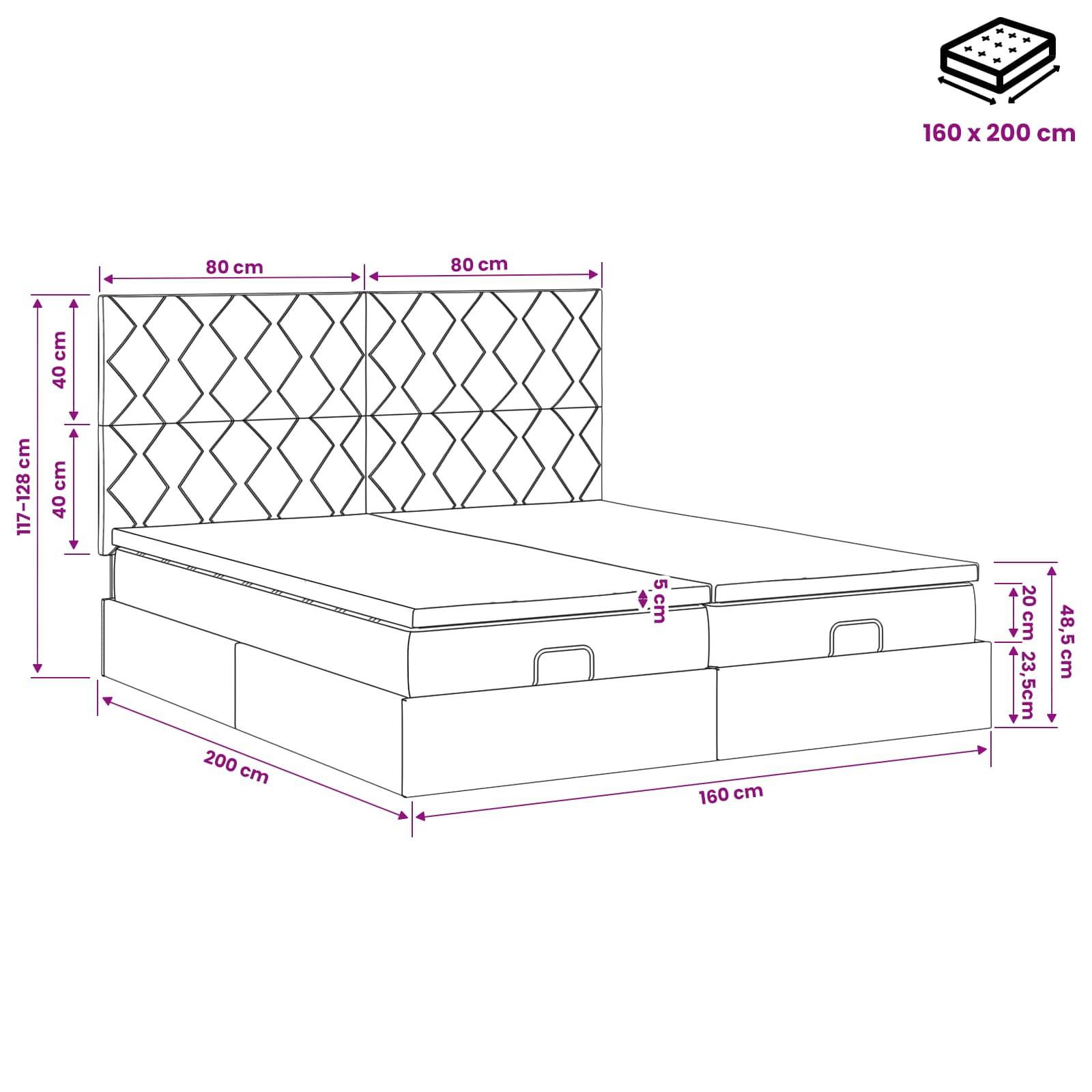 Diagramm eines Bettes mit Schubladen für Stauraum und kopfende mit Muster, mit Abmessungen für eine Matratze von 160 x 200 cm und Gesamtabmessungen.