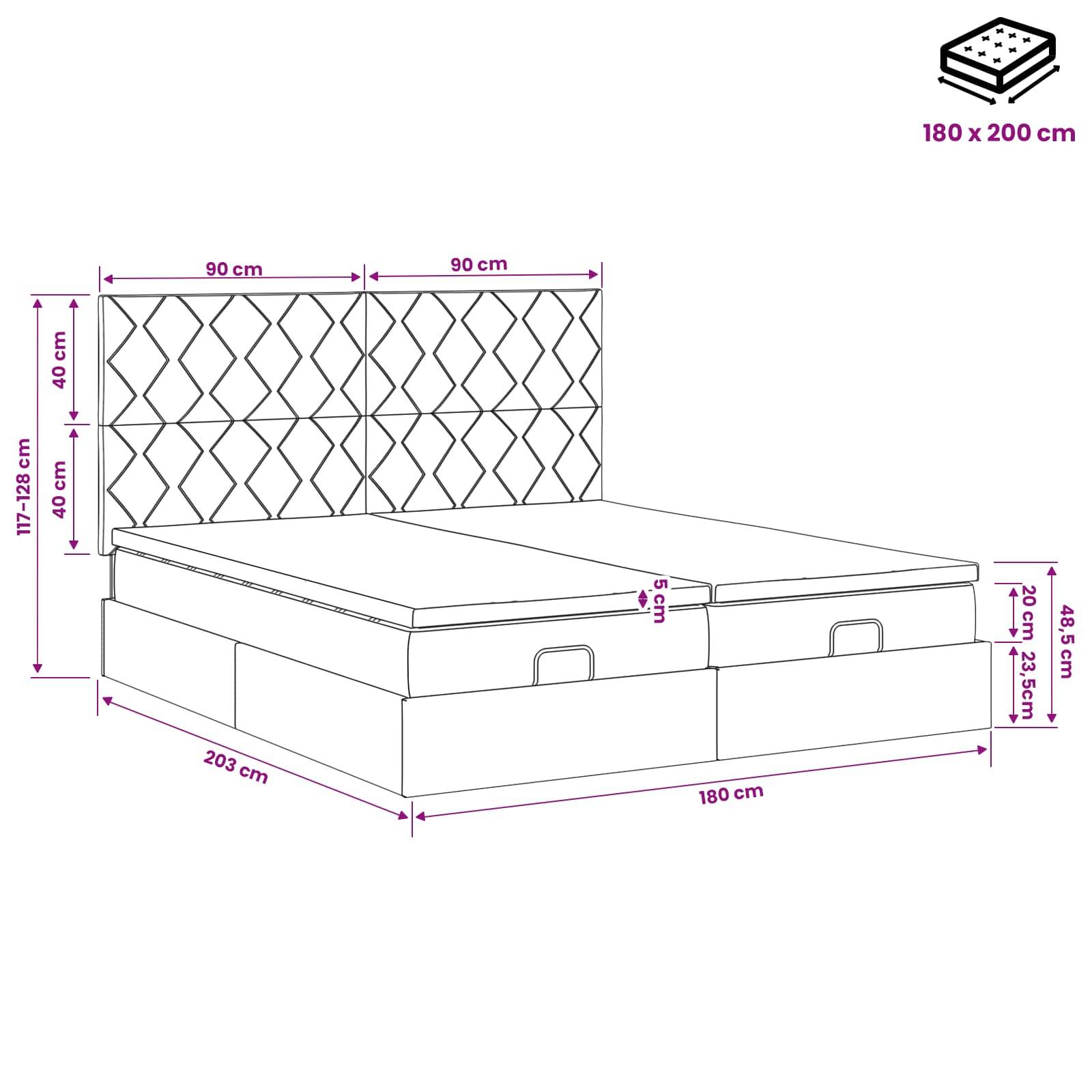 Illustrierte Bettabmessungen mit gepolstertem Kopfteil: 180 x 200 cm Matratze, 203 cm Bettlänge, 180 cm Breite, 117-128 cm Gesamthöhe und 40 cm Kopfteileplatten.