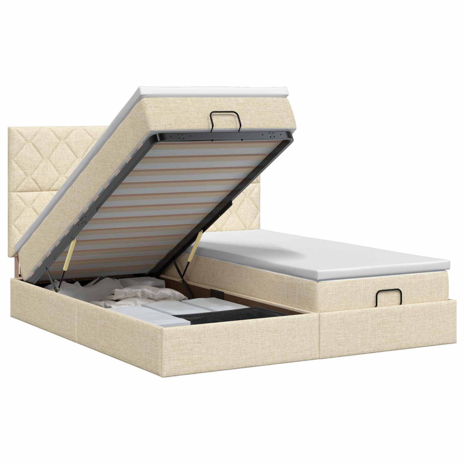 Gepolstertes Speicherbett mit angehobenem Matratzentableau, das ein Stauraum-Fach unter dem Bett freilegt.