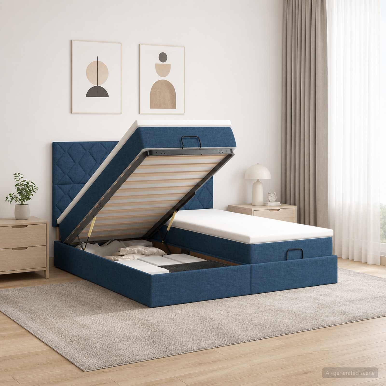Blaugepolstertes Bett mit Hubbettfunktion geöffnet, wodurch der Matratzenrahmen und das Unter-Bett-Fach in einem hellen Schlafzimmer sichtbar werden.