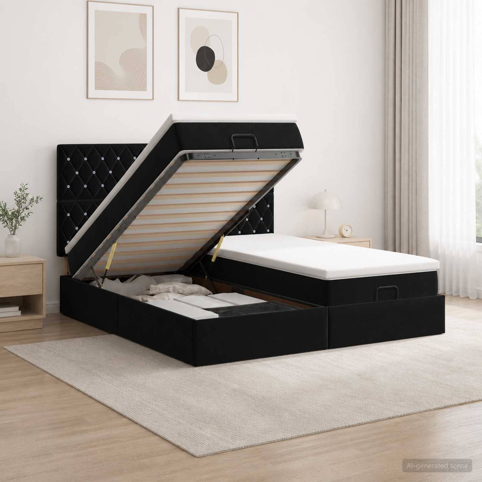 Schwarzes gepolstertes Speicherbett in einem hellen Schlafzimmer, mit der angehobenen Matratze, um den Stauraum unter dem Bett freizulegen.