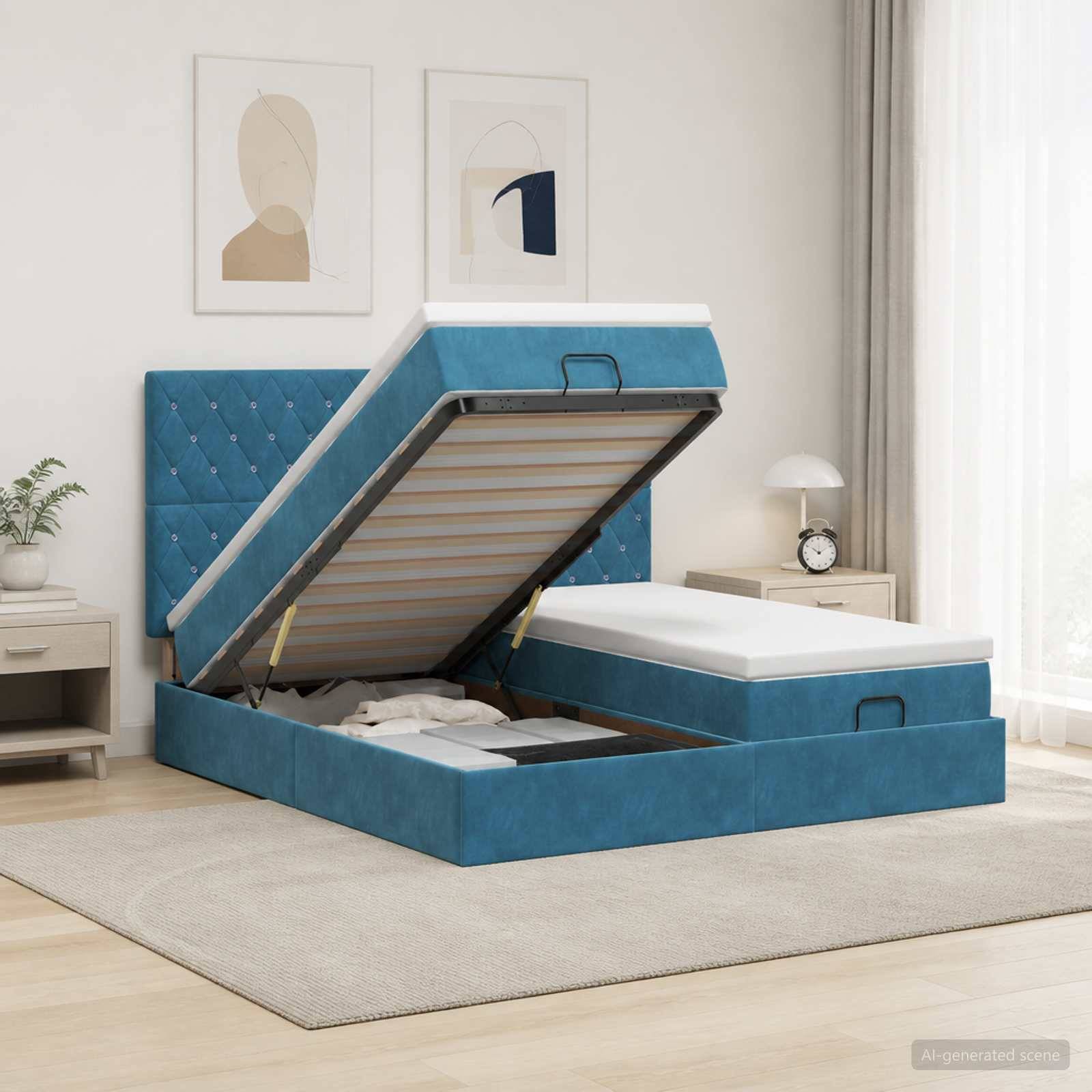 Blaues gepolstertes Hebebett mit Stauraum in einem hellen Schlafzimmer, wobei die Matratzenplattform angehoben ist, um den Stauraum unter dem Bett freizulegen.