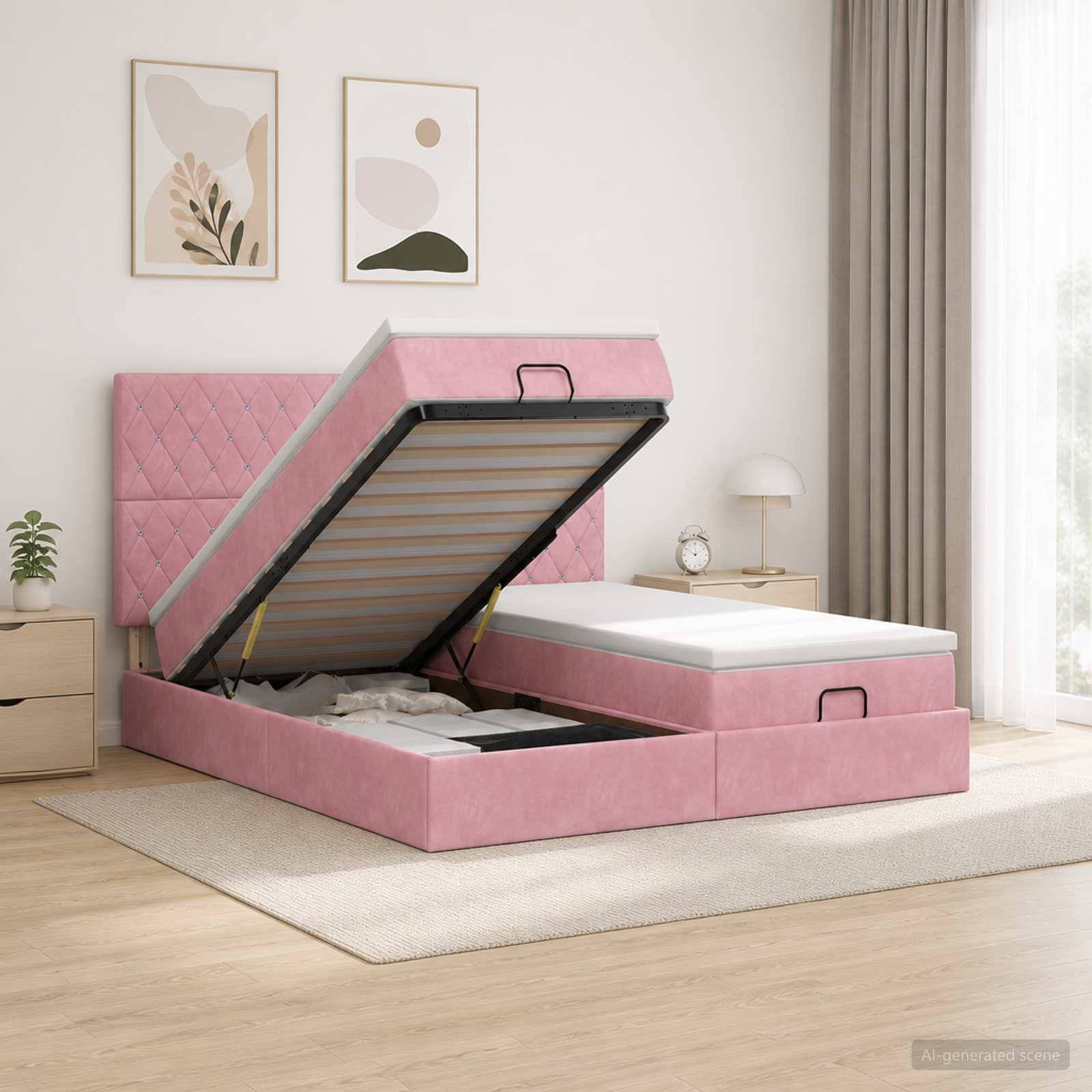 Rosa gepolstertes Speicherbett in einem hellen Schlafzimmer, wobei die Matratze angehoben ist, um die Stauraum-Abteile unter dem Bett zu zeigen.