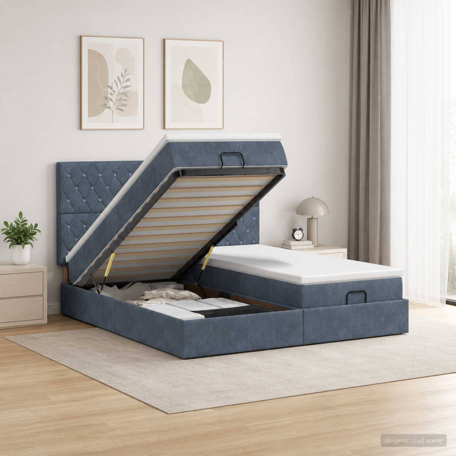Blaugepolstertes Speicherbett mit angehobener Matratzenunterlage, die den Stauraum unter dem Bett in einem hellen modernen Schlafzimmer offenbart.