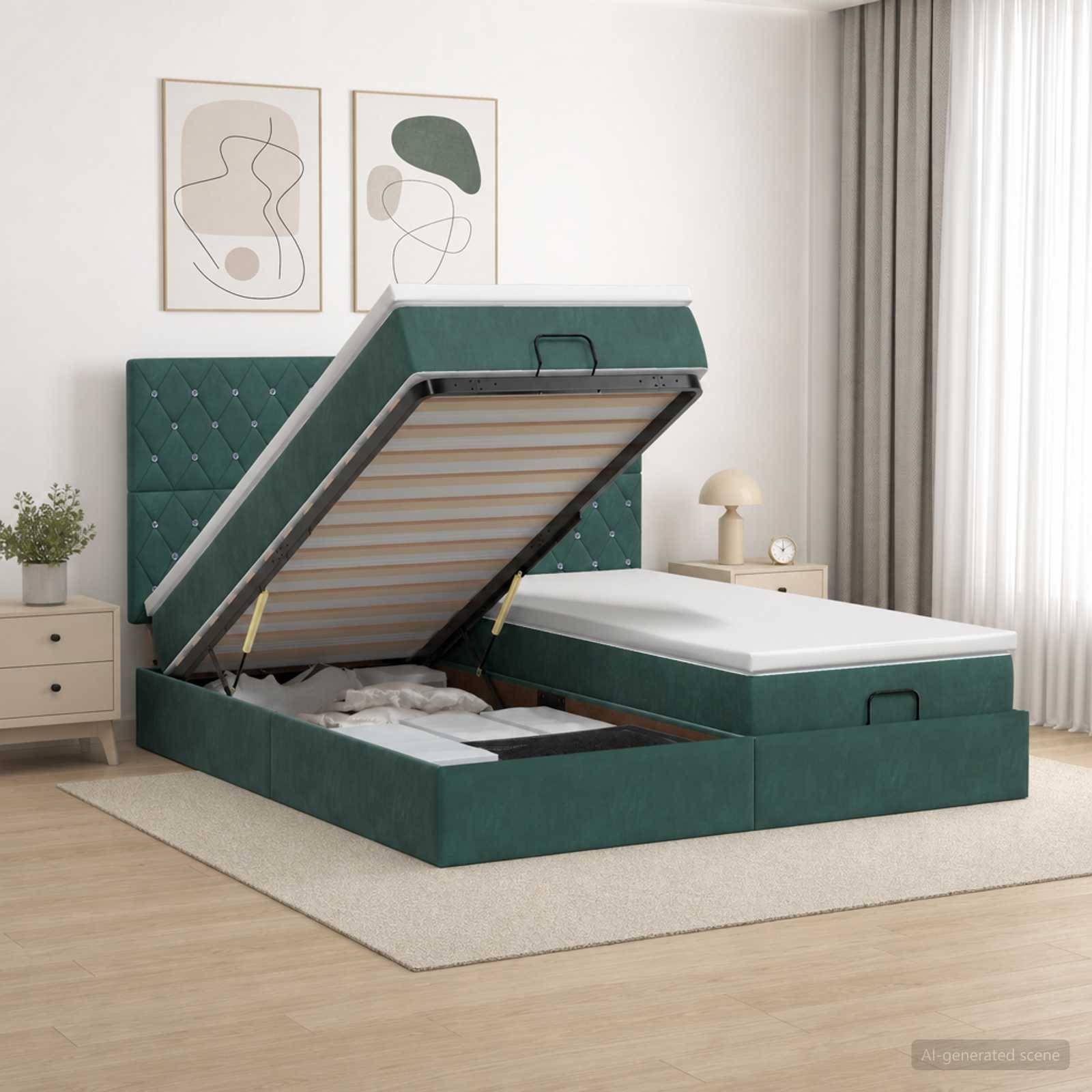 Grünes Polster-Ottomanbett in einem Schlafzimmer, mit geöffneter Speicherbasis, die Unter-Bett-Fächer offenbart, und einer Matratze auf der rechten Seite.