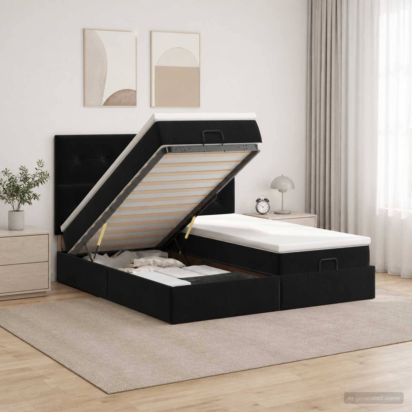 Schwarzes gepolstertes Bett mit Hubmechanismus und Stauraum unter dem Bett mit erhobener Matratze, um den Unter-Bett-Stauraum in einem hellen Schlafzimmer zu zeigen.