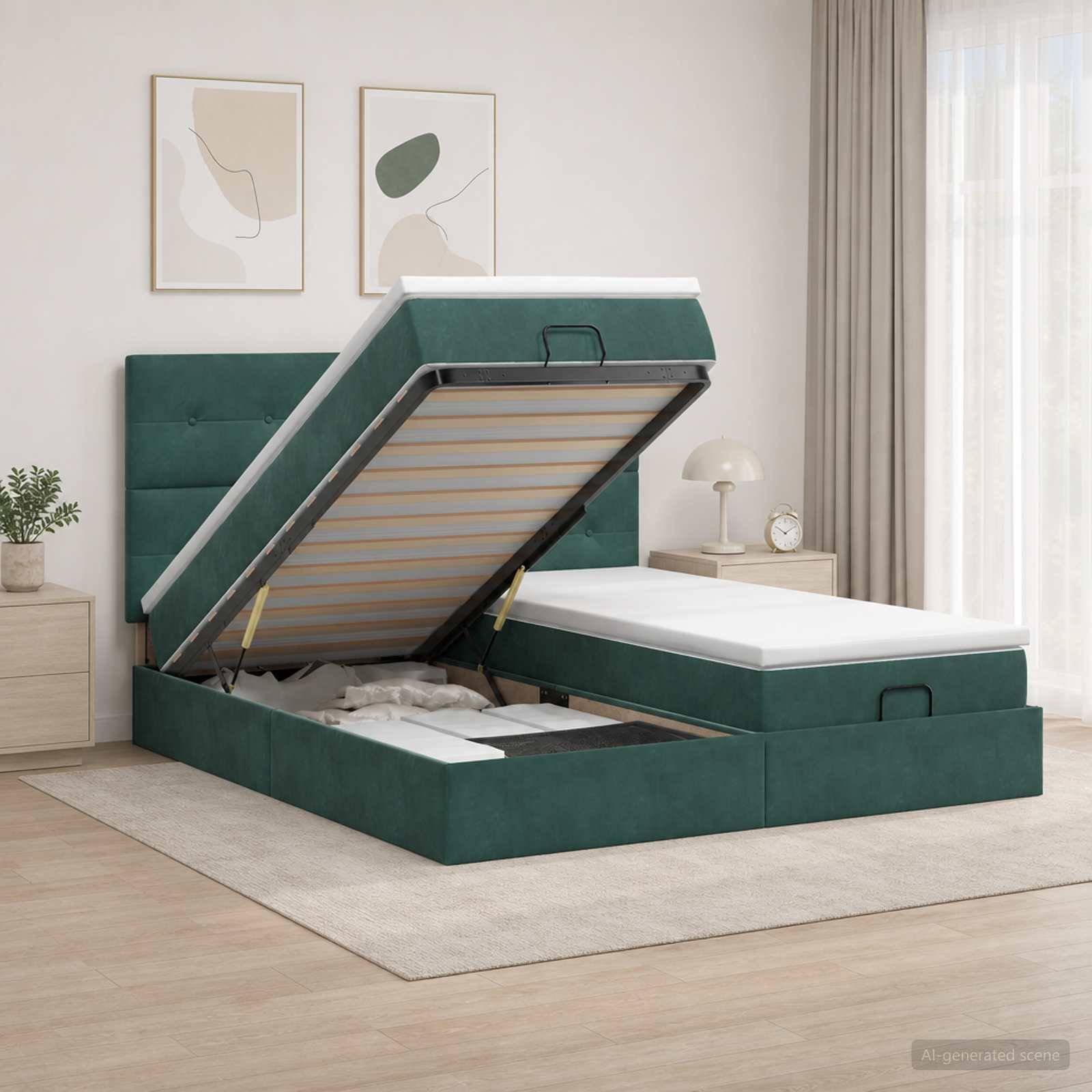 Grüner gepolsterter Bettrahmen mit Hubmechanismus und offnenem Stauraum, gezeigt in einem minimalistischen Schlafzimmer mit passendem Kopfteil und Nachttischen.