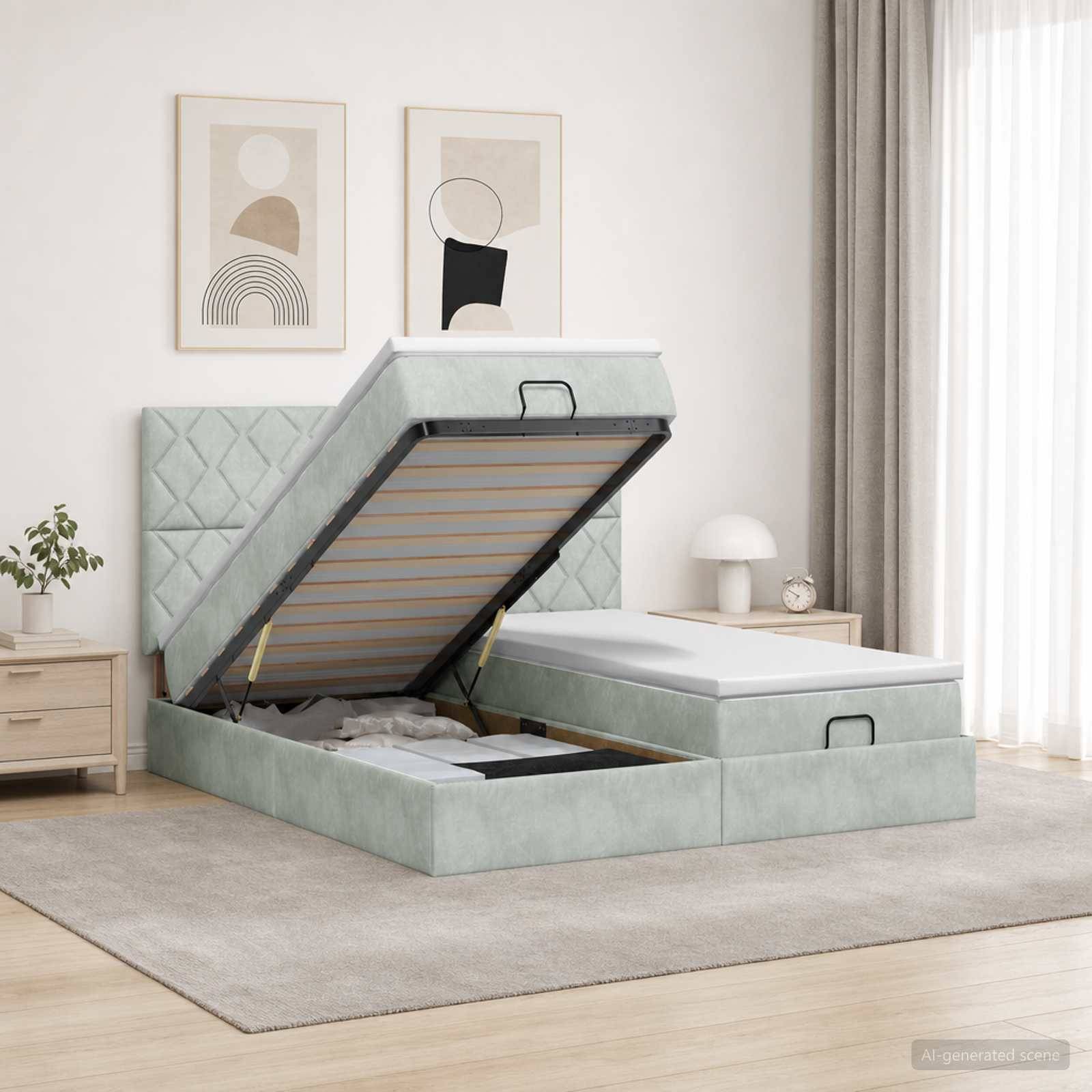 Mintgrünes gepolstertes Bett mit Stauraum, wobei die Matratzenplattform angehoben ist, um den Stauraum unter dem Bett in einem hellen modernen Schlafzimmer zu zeigen.