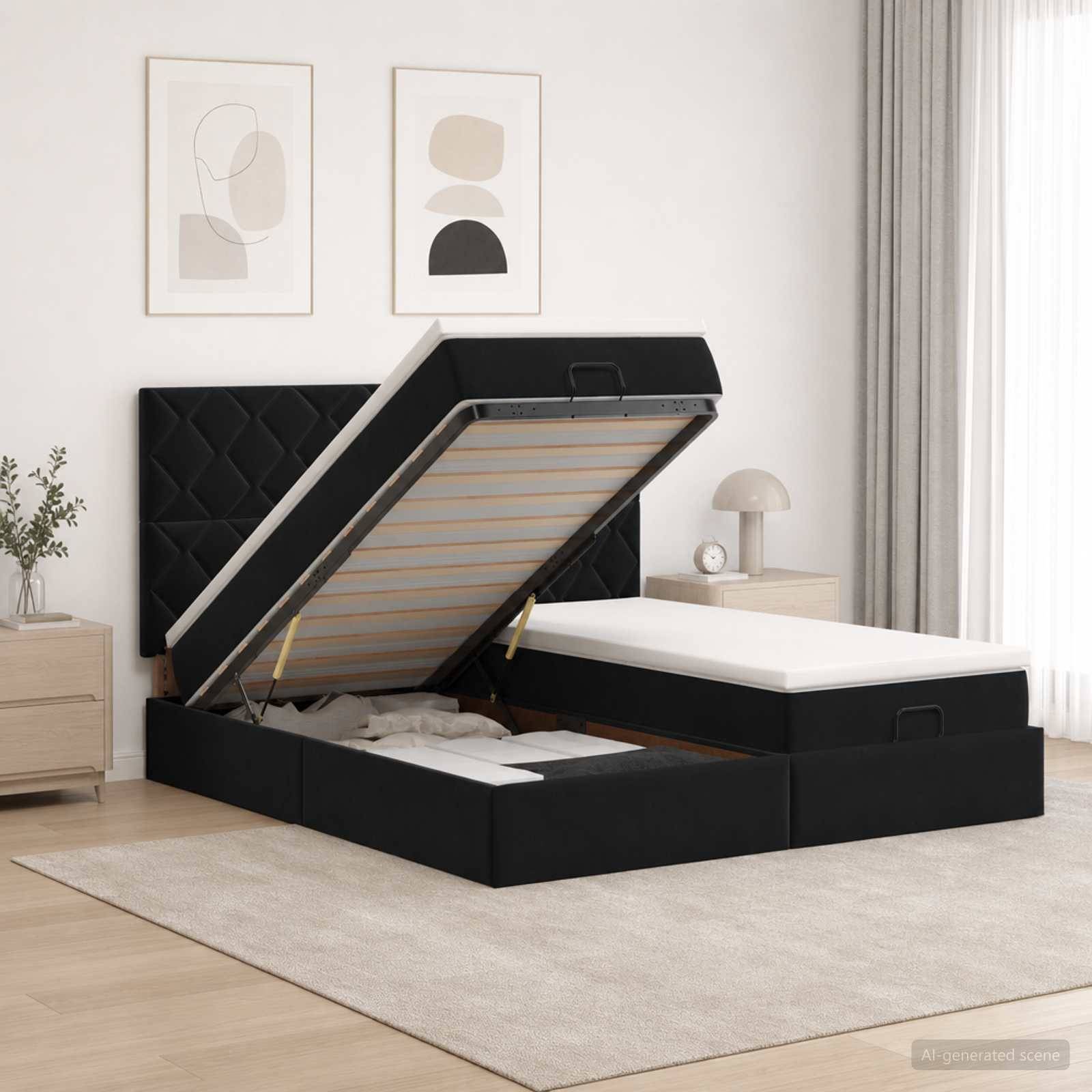 Schwarzes gepolstertes Speicherbett mit angehobener linker Seite, das unter dem Bett liegende Lagerschubladen in einem modernen Schlafzimmer offenbart.
