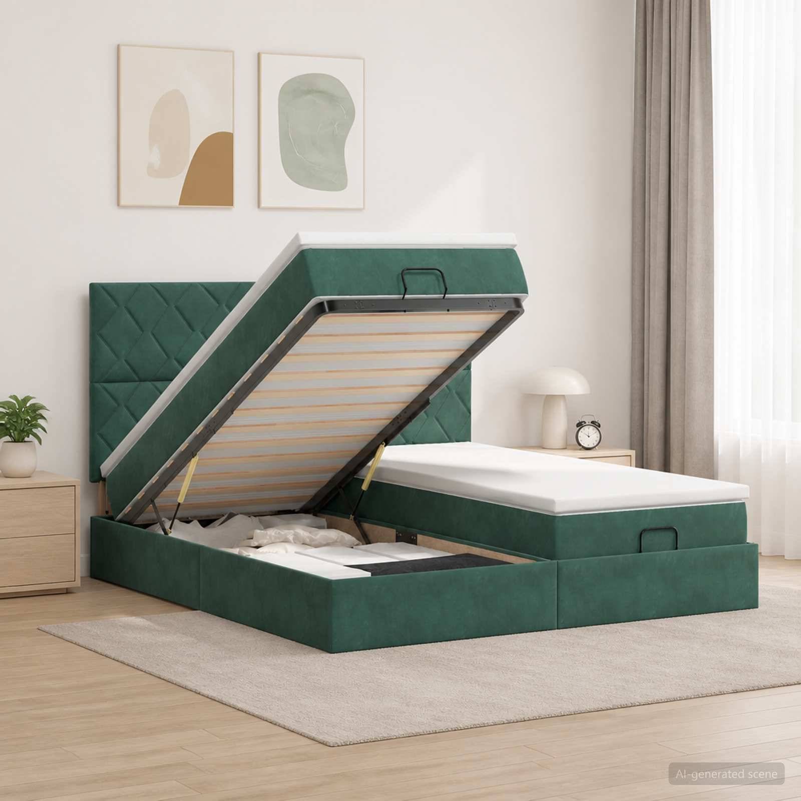 Grünes gepolstertes Speicherbett mit Matratzenunterlage, die aufgeklappt ist und den Unterbett-Stauraum in einem modernen Schlafzimmer zeigt.