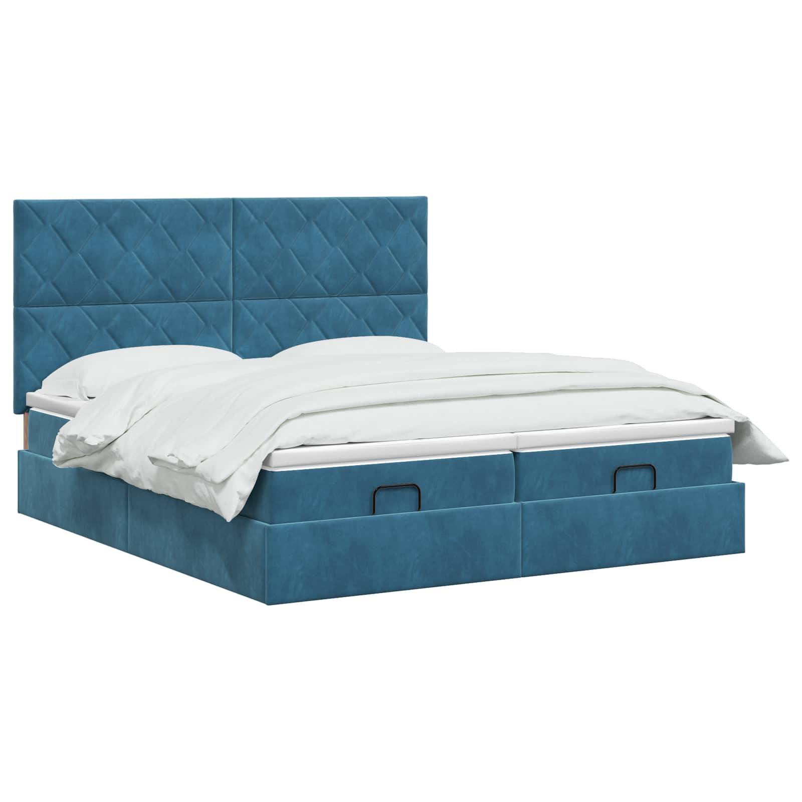 Bett mit blauem Polsterstoff, hohem gepolstertem Kopfteil und integrierten Schubladen unter einer weißen Bettdecke und Kissen.