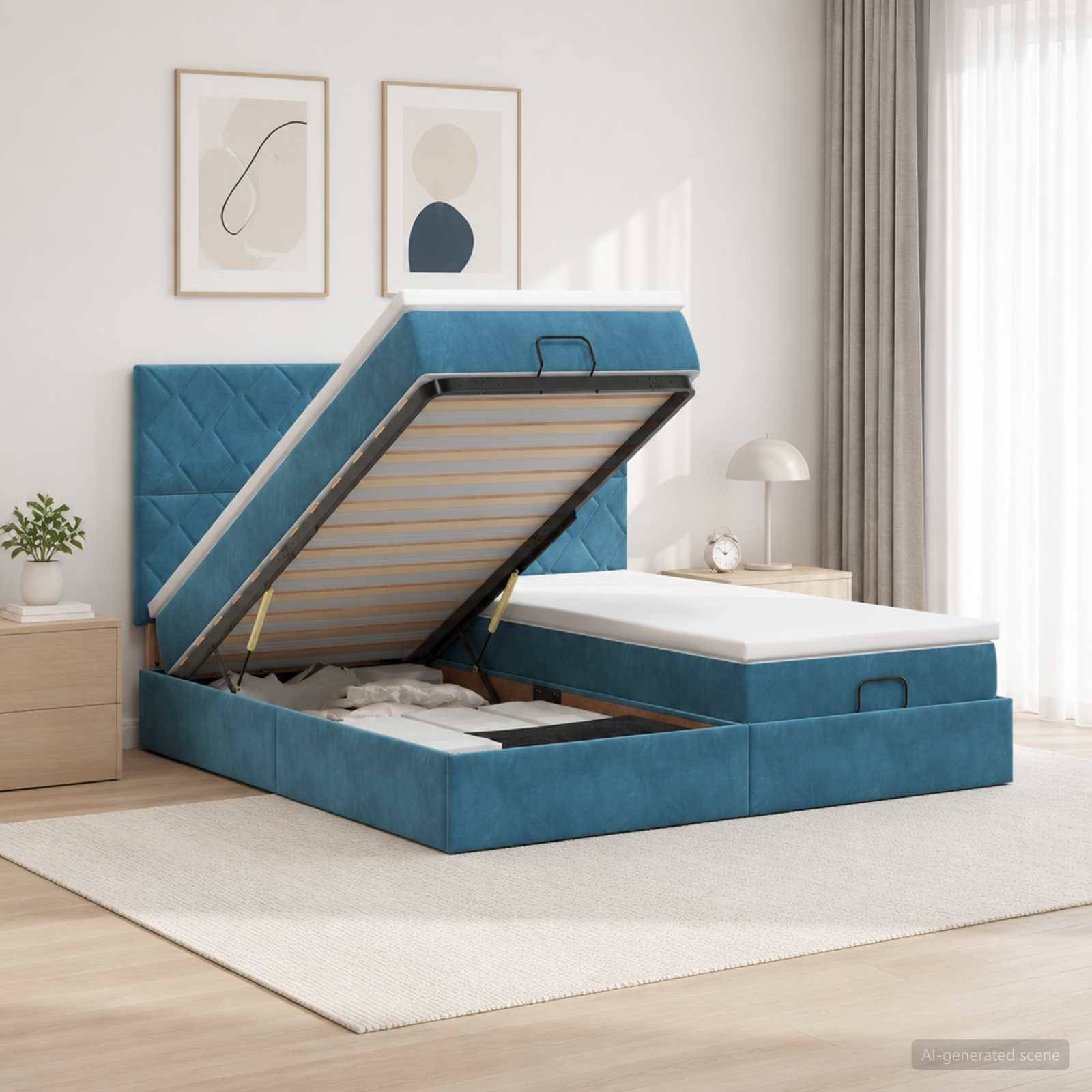Blaues Polsterbett mit Stauraum unter der Matratze zum Hochklappen, gezeigt in einem hellen modernen Schlafzimmer.