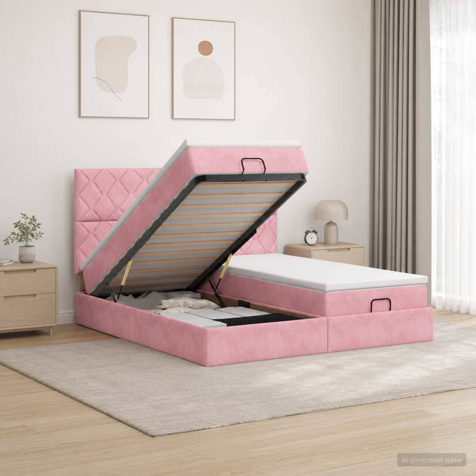 Rosa gepolstertes Speicherbett mit hochklappbarer Matratze, das unter dem Bett Stauraum freilegt, in einem hellen, minimalistischen Schlafzimmer