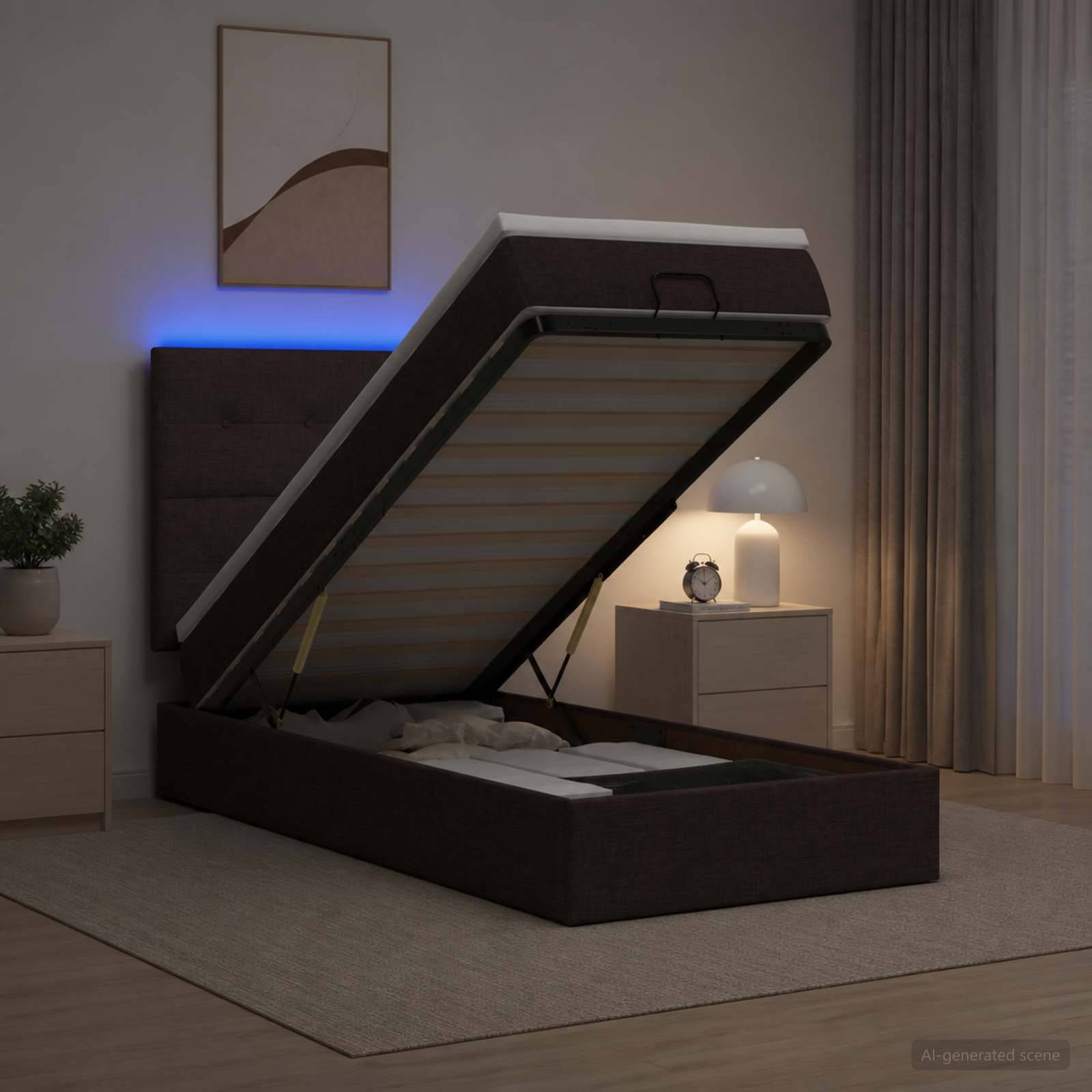 Modernes Schlafzimmer mit einem dunkel gepolsterten Bett mit Hubmechanismus, das angehoben ist, um die Matratzenunterlage zu zeigen, neben einem Nachttisch mit Lampe und Uhr.
