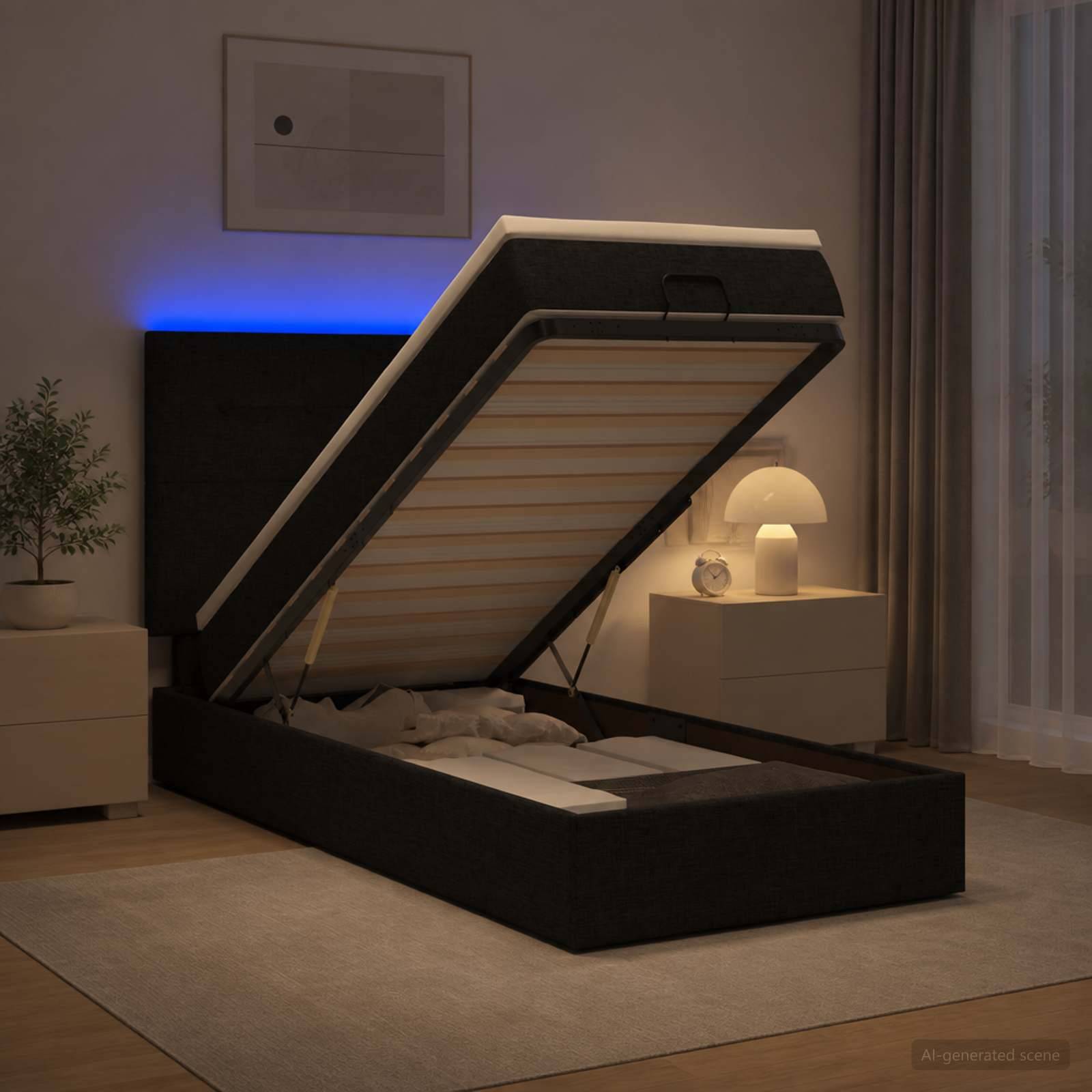 Modernes Bett mit Speicherbasis und hochklappbarer Matratzenplattform, die in einem sanft beleuchteten Schlafzimmer offen ist und das Unter-Bett-Fach zeigt.