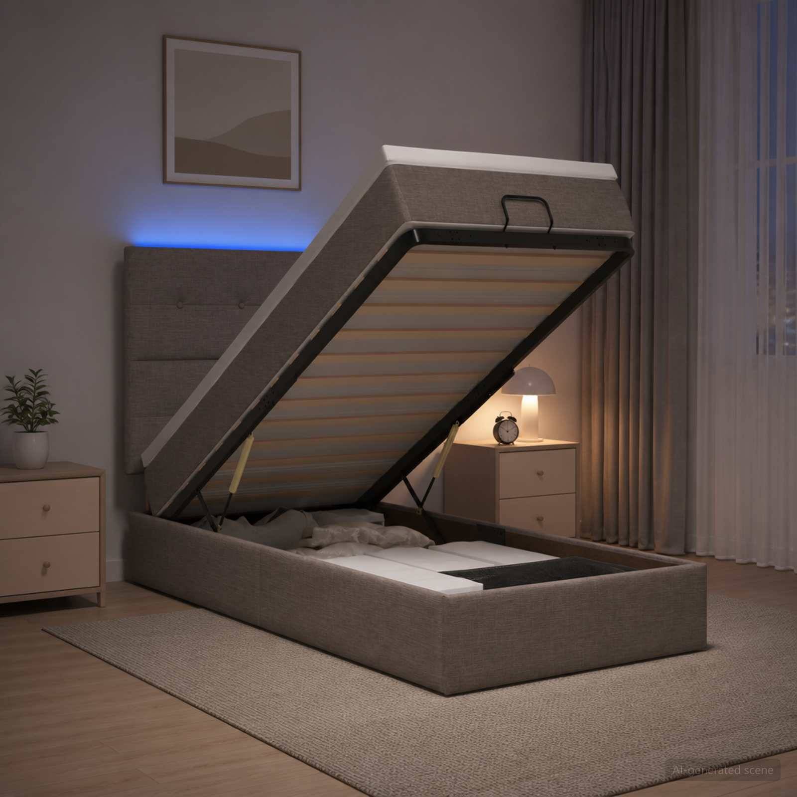 Gepolstertes Speicherbett mit angehobener Matratze auf einem Gasfeder-Rahmen, der die Speicherung unter dem Bett in einem modernen Schlafzimmer in der Nacht offenbart.