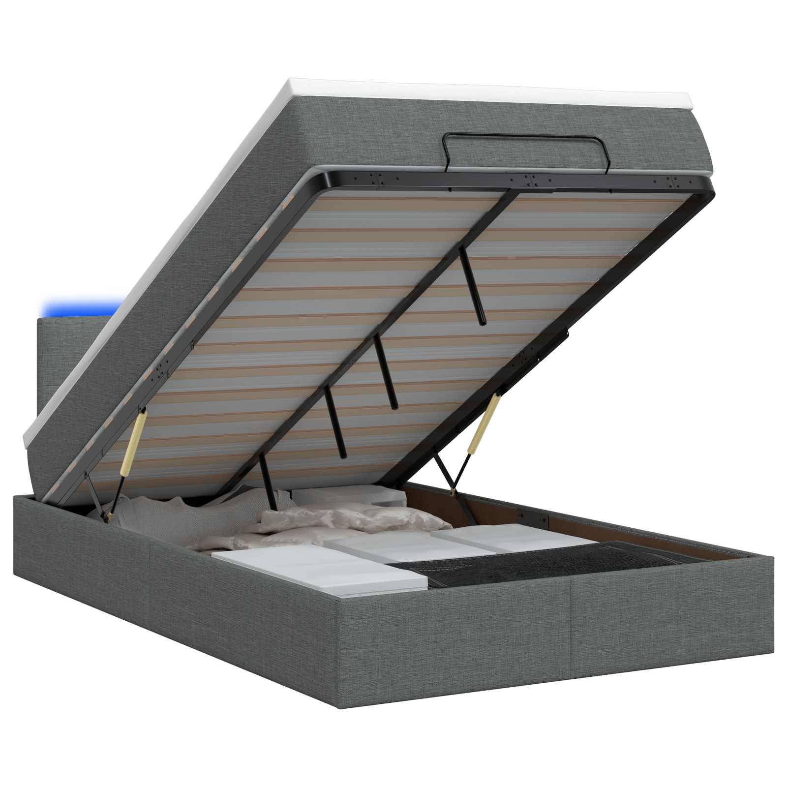 Grau gepolstertes Stauraumbett mit Hydraulikliftsystem und Matratzenplattform, das erhöhten Stauraum unter dem Bett offenbart.
