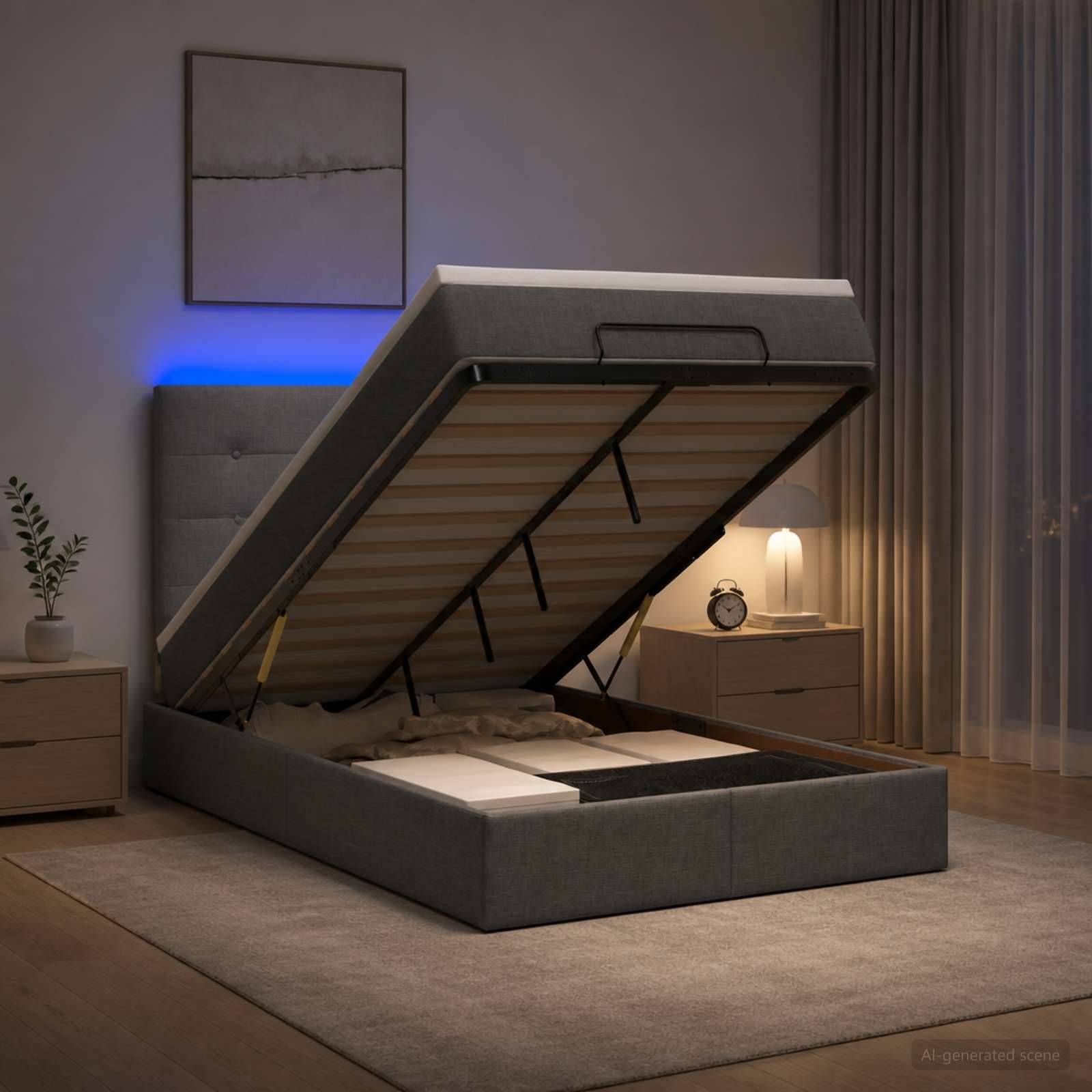 Modernes Schlafzimmer mit einem grauen Hochbettgestell mit Gasfedern, das angehoben ist und die lamellierte Basis sowie den Stauraum unter dem Bett zeigt, flankiert von Nachttischen und weicher Umgebungsbeleuchtung.