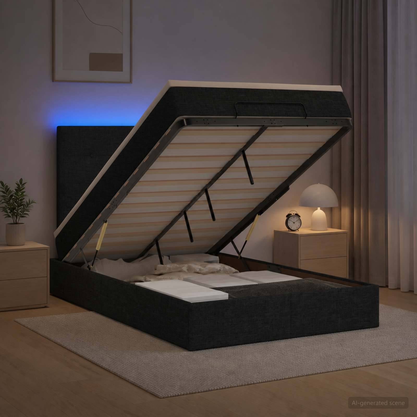 Modernes Polsterbett mit aufgeklappter Matratze auf hydraulischer Stauraumbasis, das Stauraum unter dem Bett in einem sanft beleuchteten Schlafzimmer zeigt.