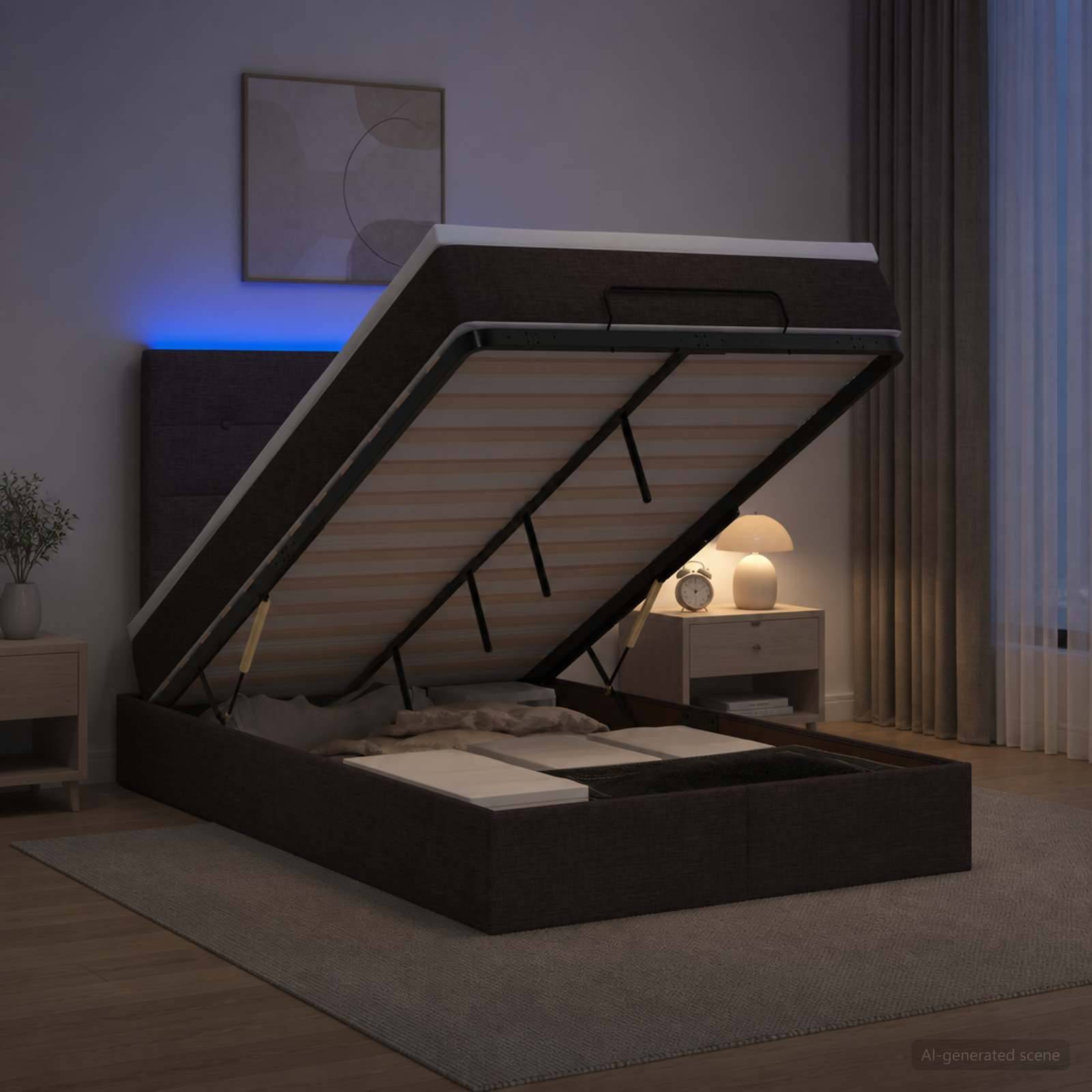 Ein modernes gepolstertes Bett mit Stauraum wird mit hochgeklappter Matratze und Lattenboden gezeigt, wobei das Unterbett-Stauerfach in einem Schlafzimmer sichtbar ist.