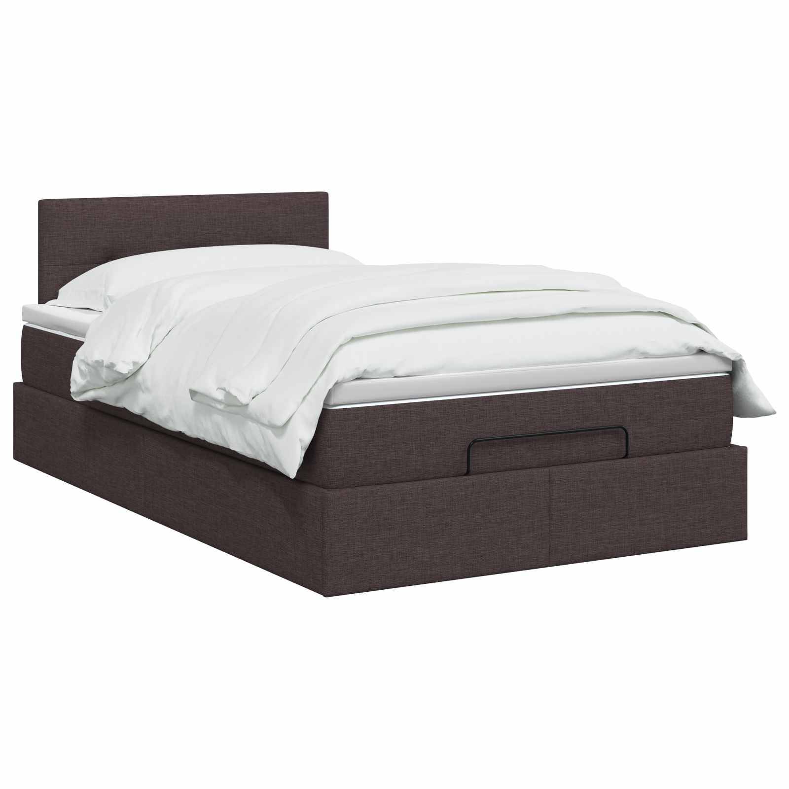 Ein dunkles Bett mit gepolstertem Kopfteil, bezogen mit weißer Bettwäsche, auf weißem Hintergrund dargestellt.