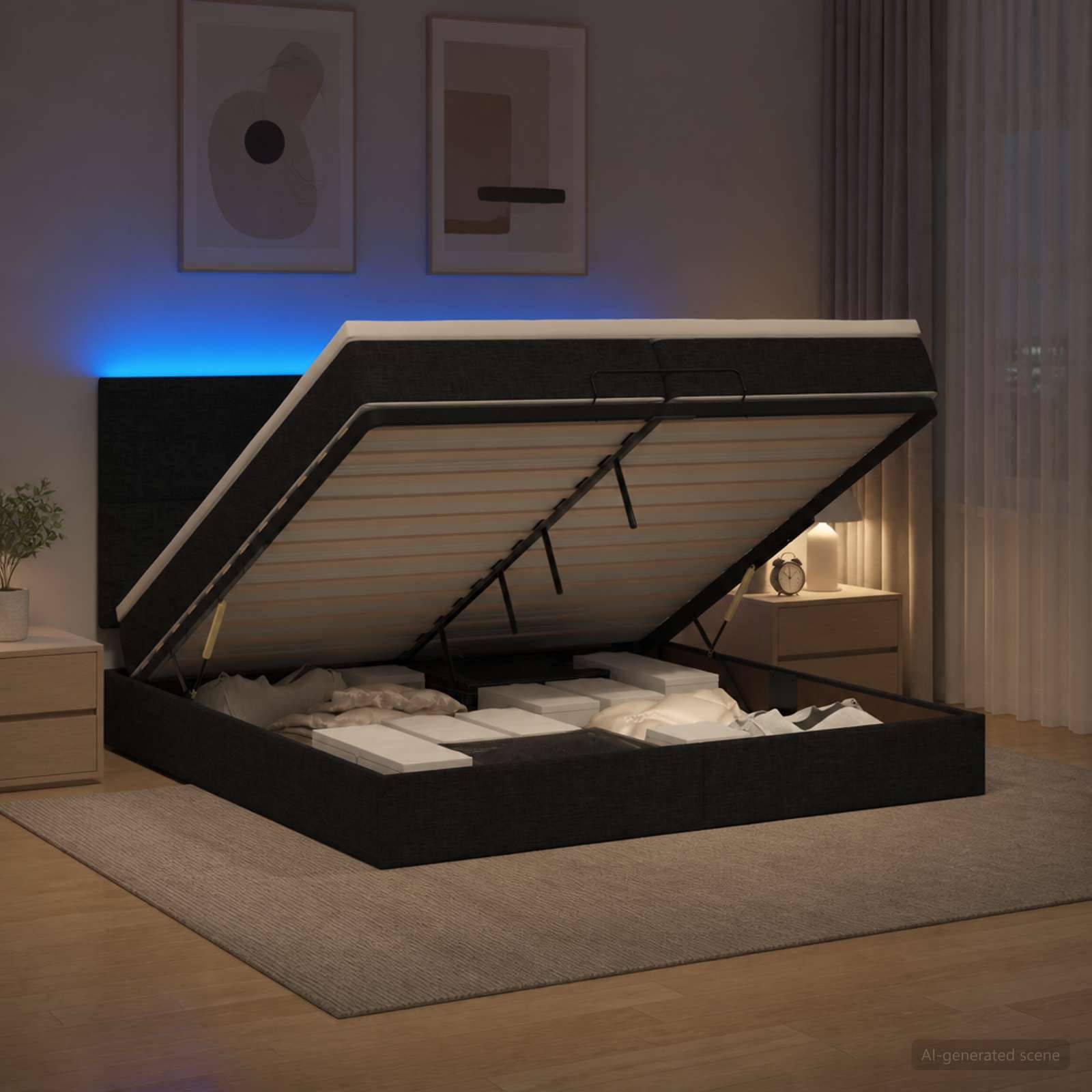 Speicherbett mit der angehobenen Matratzenplattform, die unter dem Bett liegende Fächer in einem modernen Schlafzimmer zeigt.
