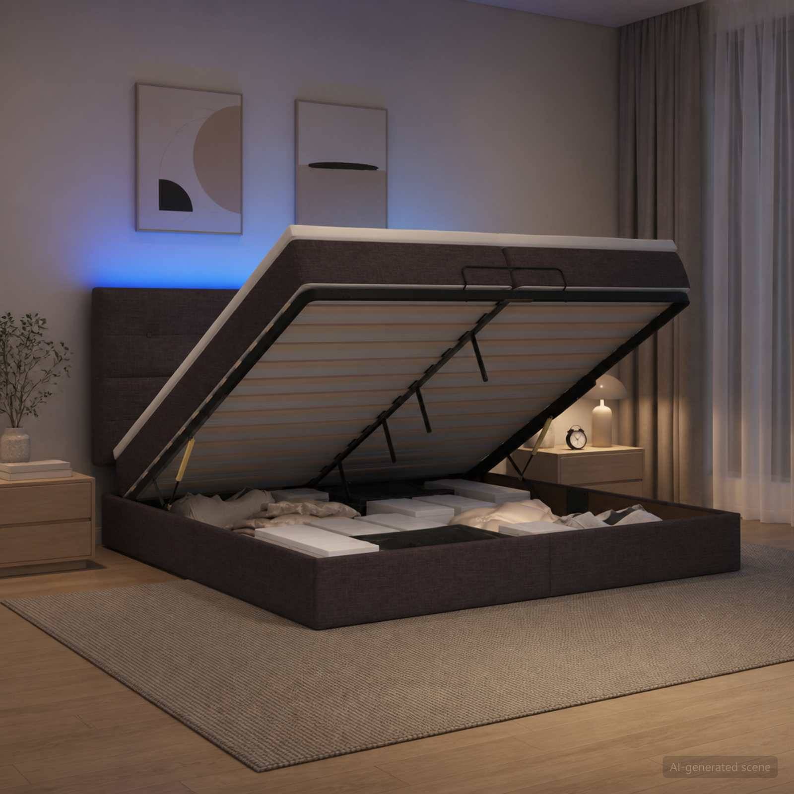 Modernes Schlafzimmer mit einem Stauraumbett mit hydraulischem Rahmen, der angehoben ist und die Stauraumbereiche unter dem Bett sowie die Matratzenunterstützung zeigt.
