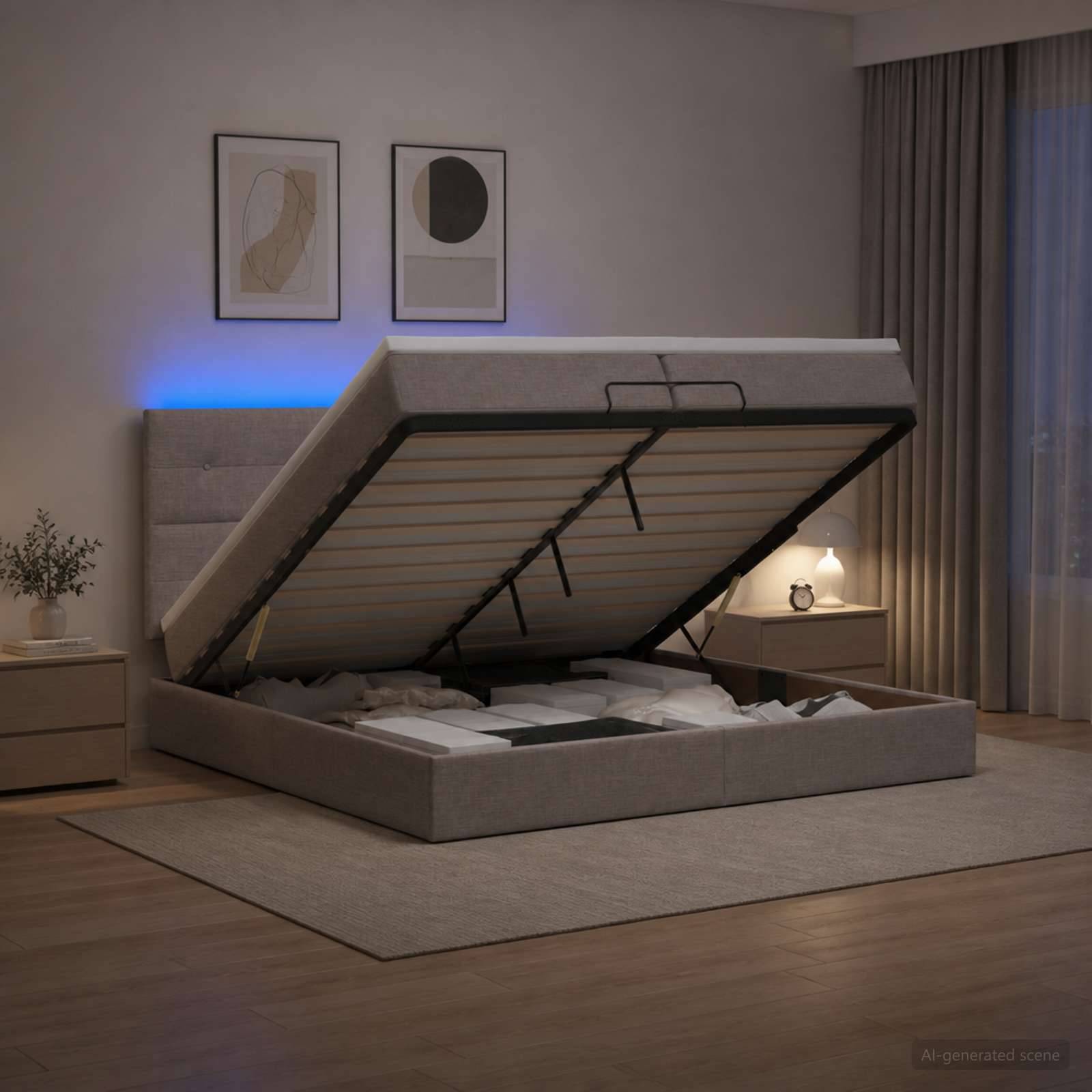 Modernes Schlafzimmer mit einem gepolsterten Plattformbett mit Speicherungsscharnier nach oben geklappt, das Stauraum darunter zeigt.