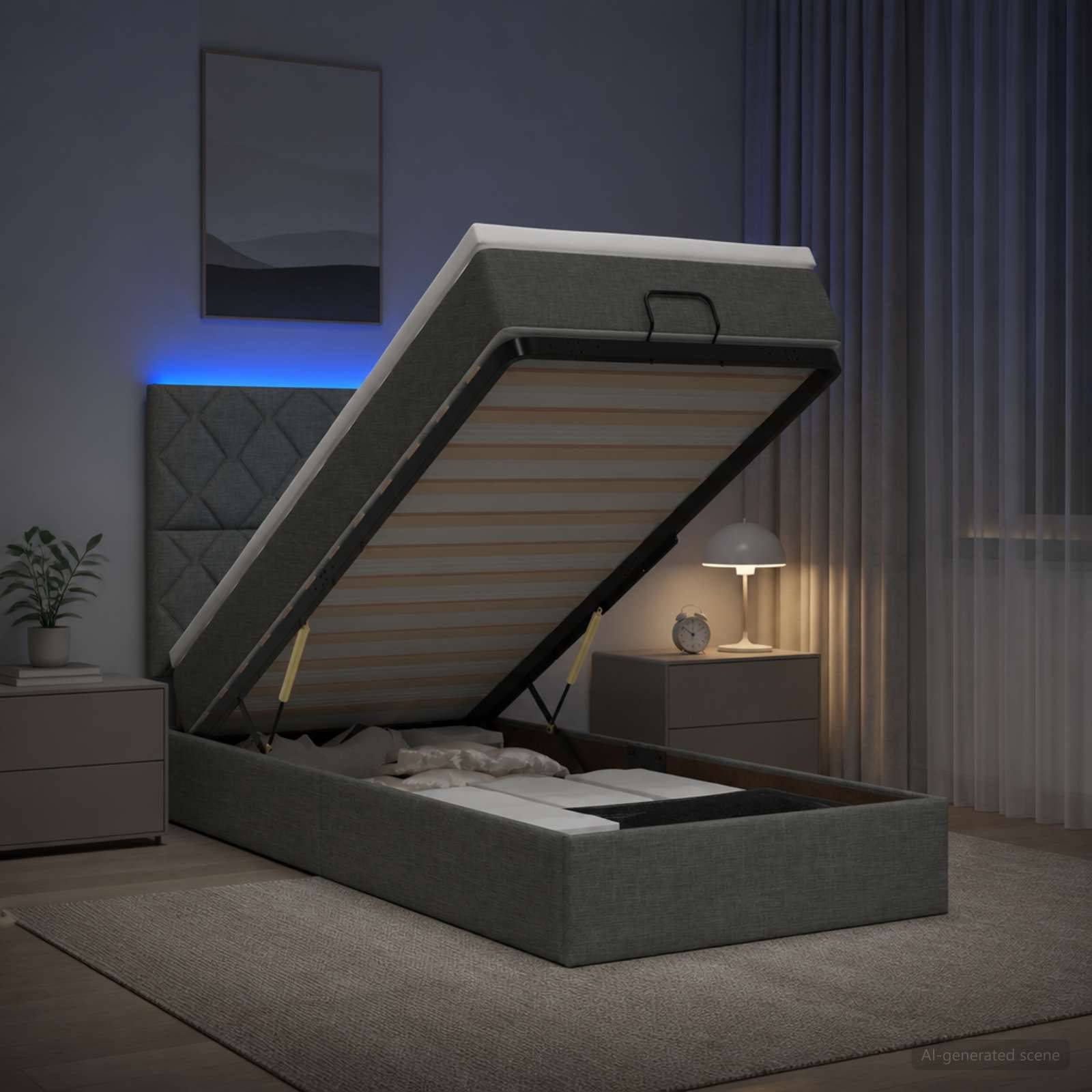 Modernes Schlafzimmer mit einem erhöhten Speicherbett, das die Matratzenunterlage zeigt, neben einem Nachttisch und einer Lampe, in einem weich beleuchteten zeitgenössischen Raum.