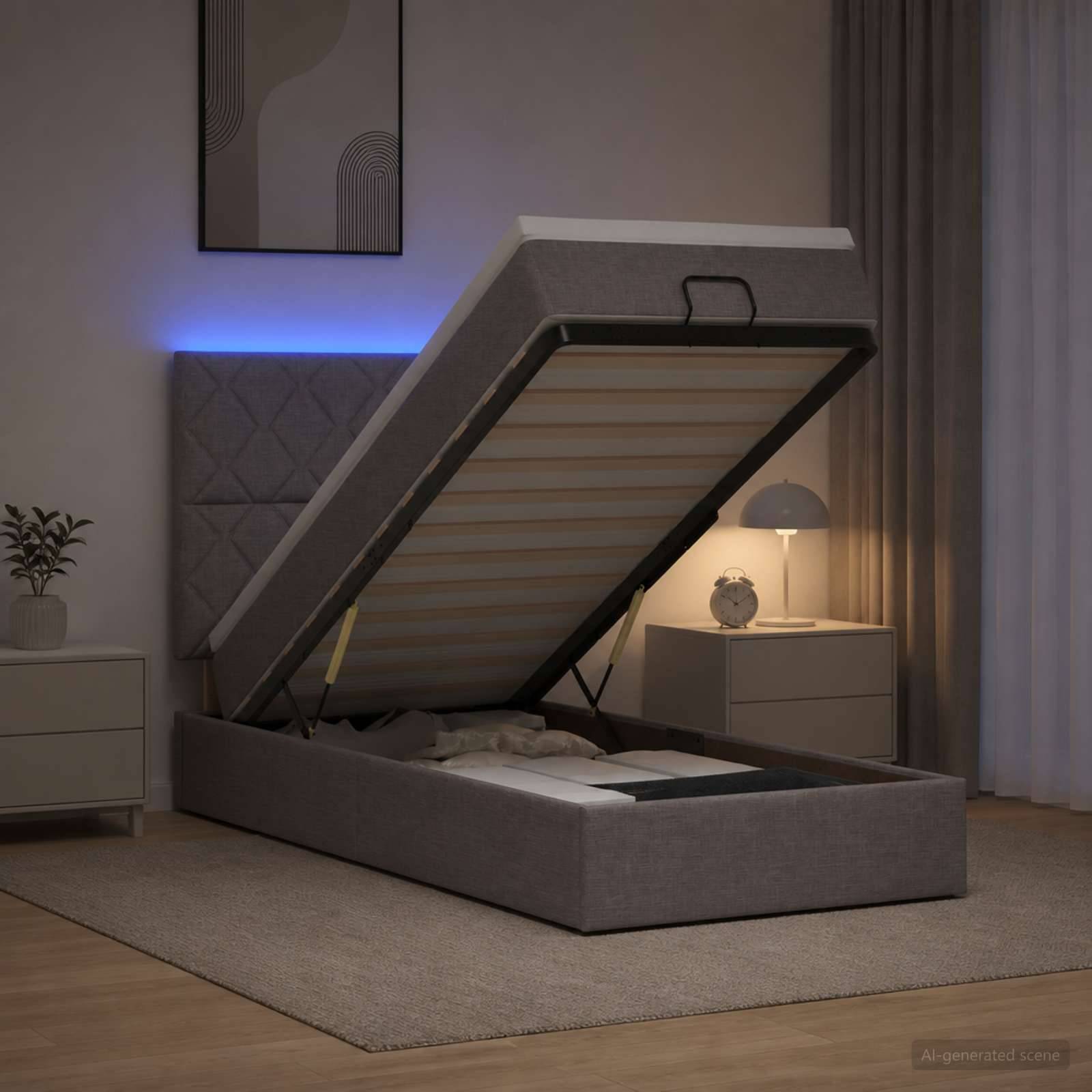 Grau gepolstertes Hydraulic-Bett mit Stauraum in einem modernen Schlafzimmer, mit erhobener Matratzenplattform, um den Stauraum unter dem Bett zu zeigen.