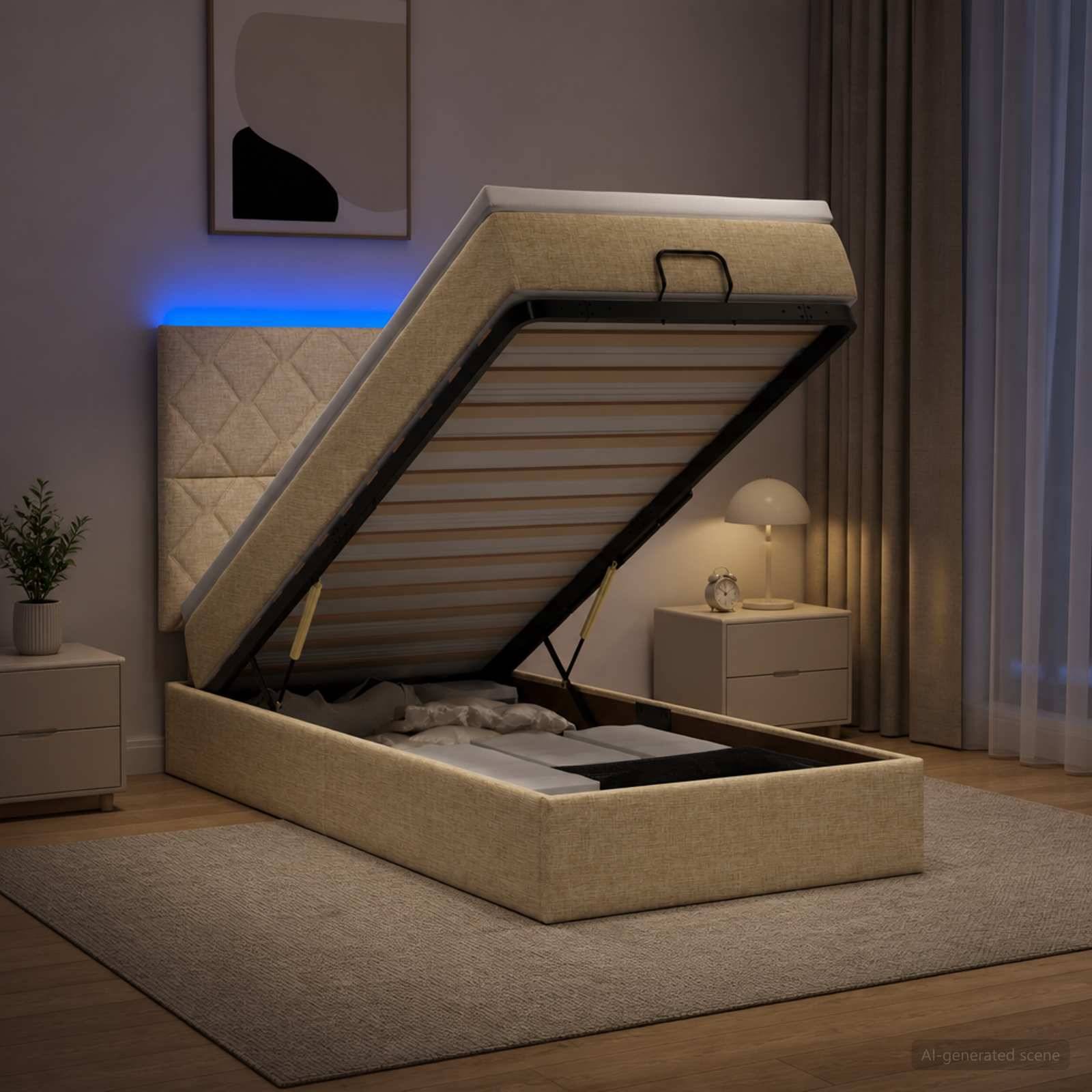 Ein gepolstertes Ottomane-Bett mit angehobener Matratzenunterlage, das unter dem Bett Stauraum in einem modernen Schlafzimmer mit Nachttischen und weichem Licht zeigt.