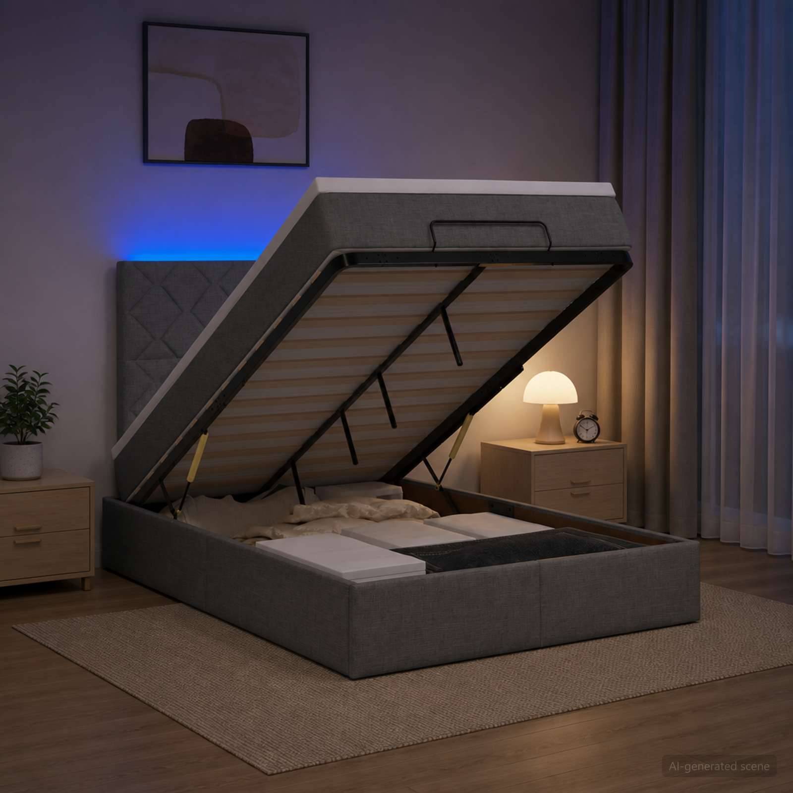Modernes Polsterbett mit Matratzenstauraum, das durch Gasfedern hochgeklappt ist, in einem sanft beleuchteten Schlafzimmer mit Nachttischen und Lampe.