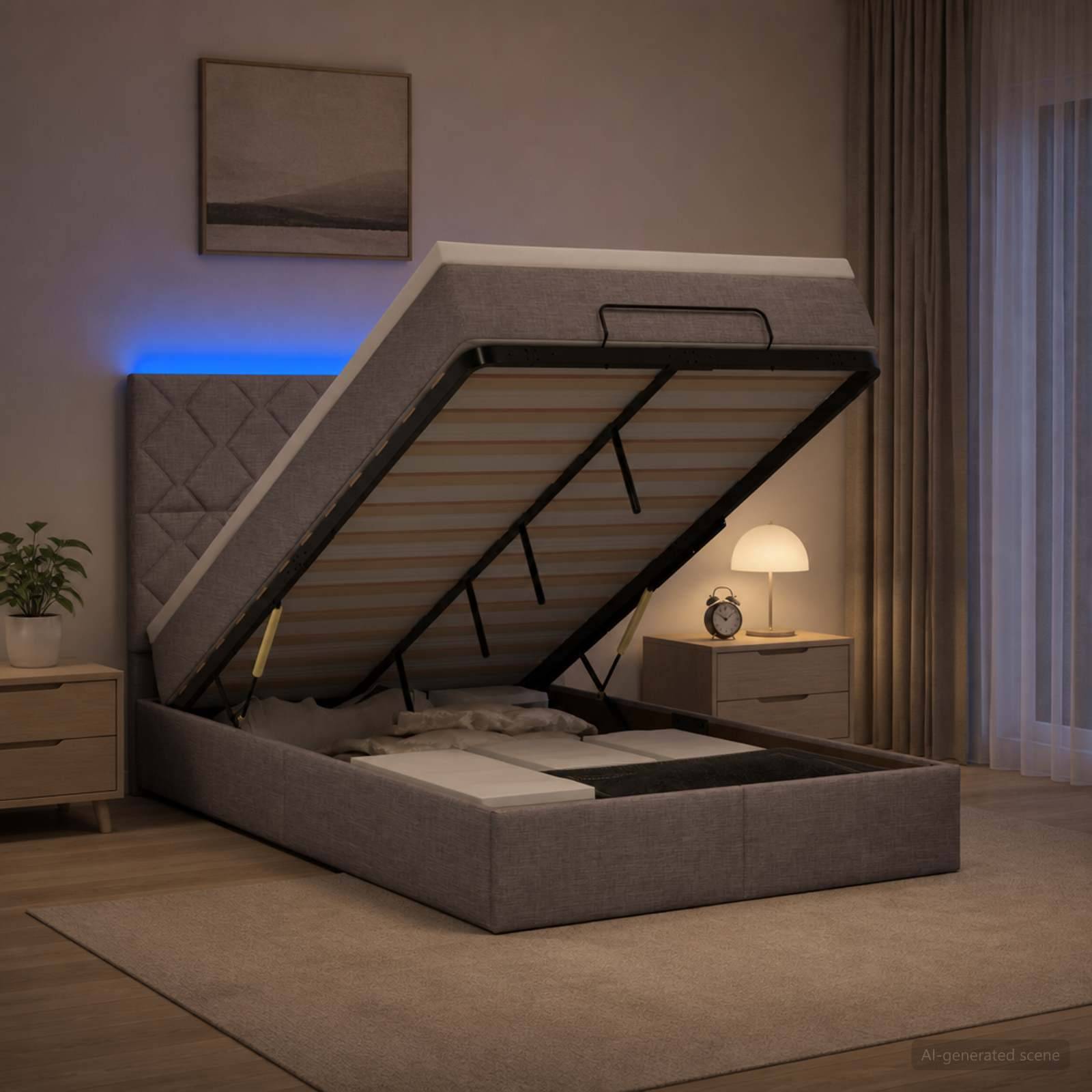 Modernes gepolstertes Bett mit einer hochfahrbaren Speicherbasis, die in einem Schlafzimmer offen hochgefahren ist und den Matratzenstützrahmen und den versteckten Speicherbereich zeigt.