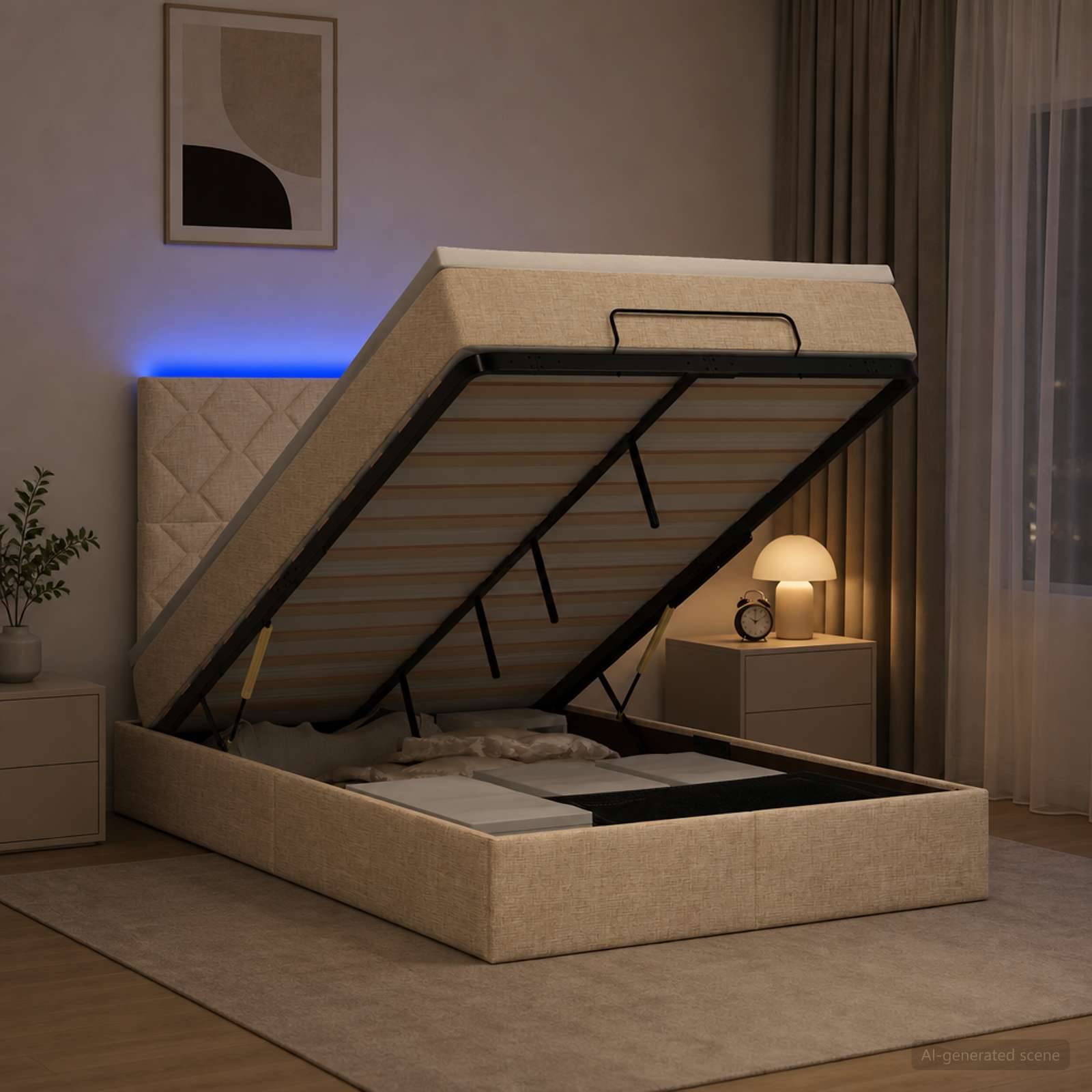 Gepolstertes Speicherbett mit hochgeklappter Matratzenplattform, die Stauraum unter dem Bett in einem modernen Schlafzimmer offenbart.