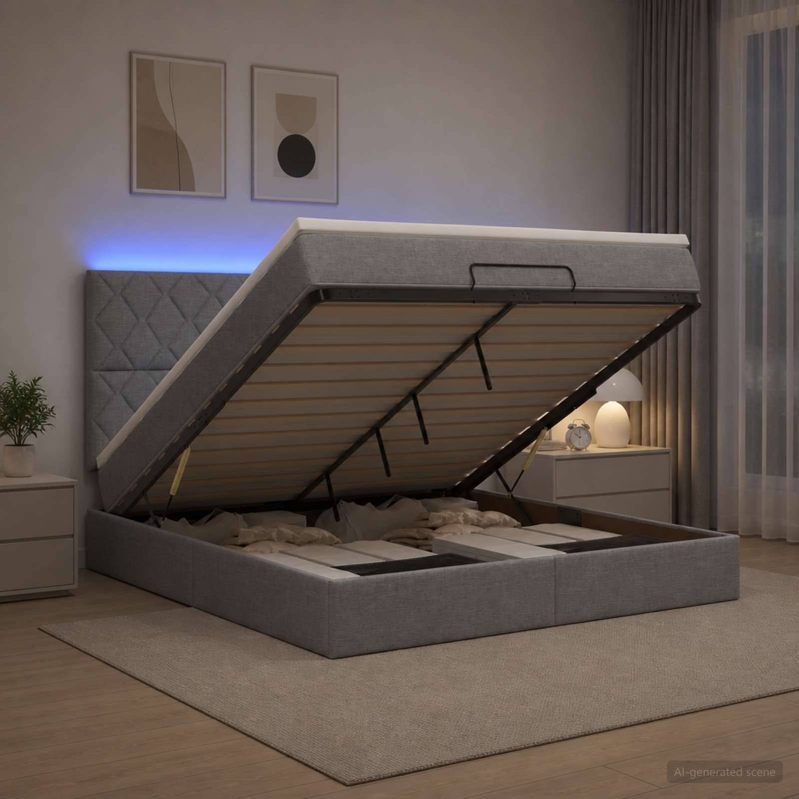 Modernes gepolstertes Speicherbett mit einer hochklappbaren Matratzenunterlage, die einen internen Stauraum in einem minimalistischen Schlafzimmer offenbart.