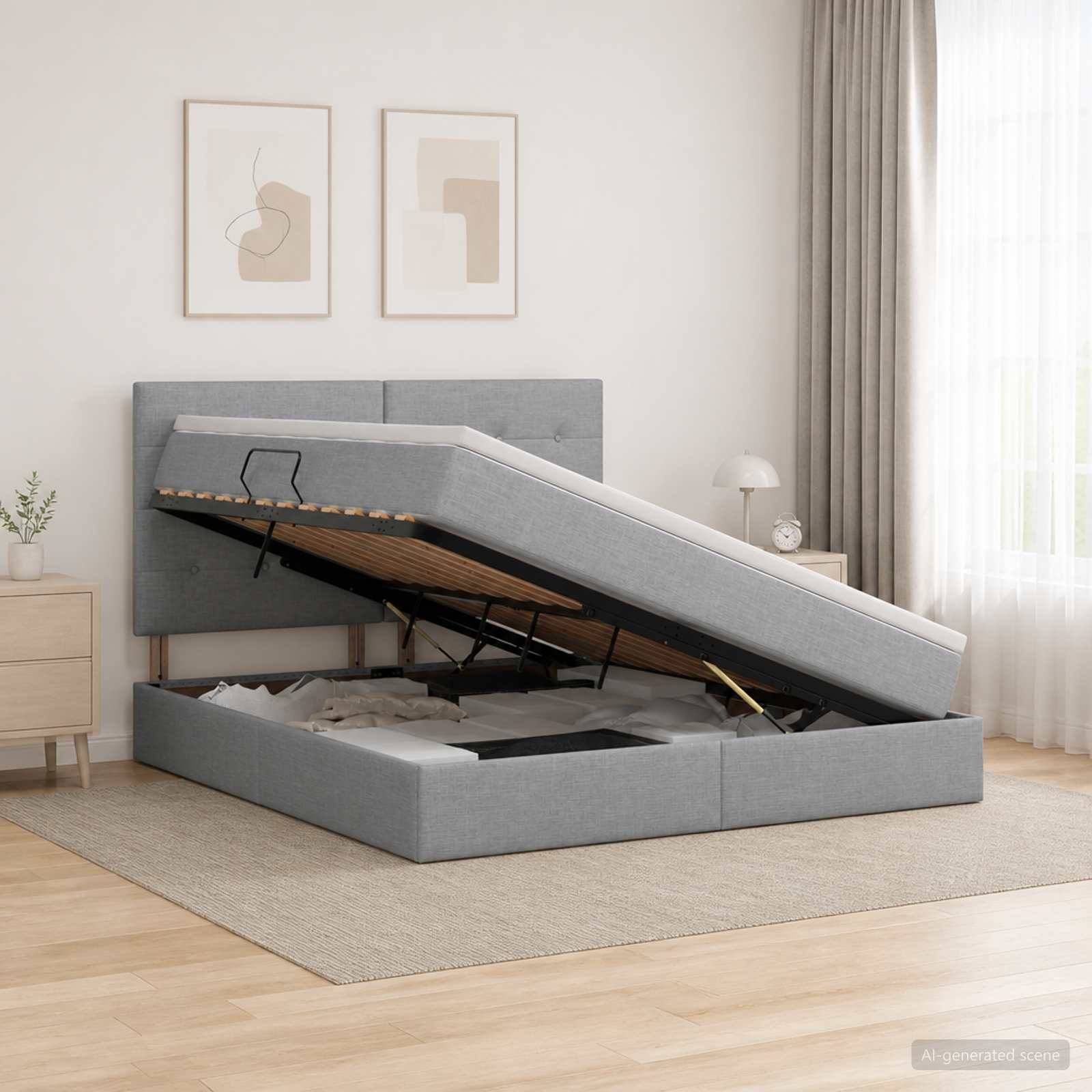 Grau gepolstertes Bett mit angehobenem Matratzenrahmen durch eine Speicher-Hebevorrichtung, die das Stauraum-Staufach unter dem Bett in einem hellen Schlafzimmer offenbart.