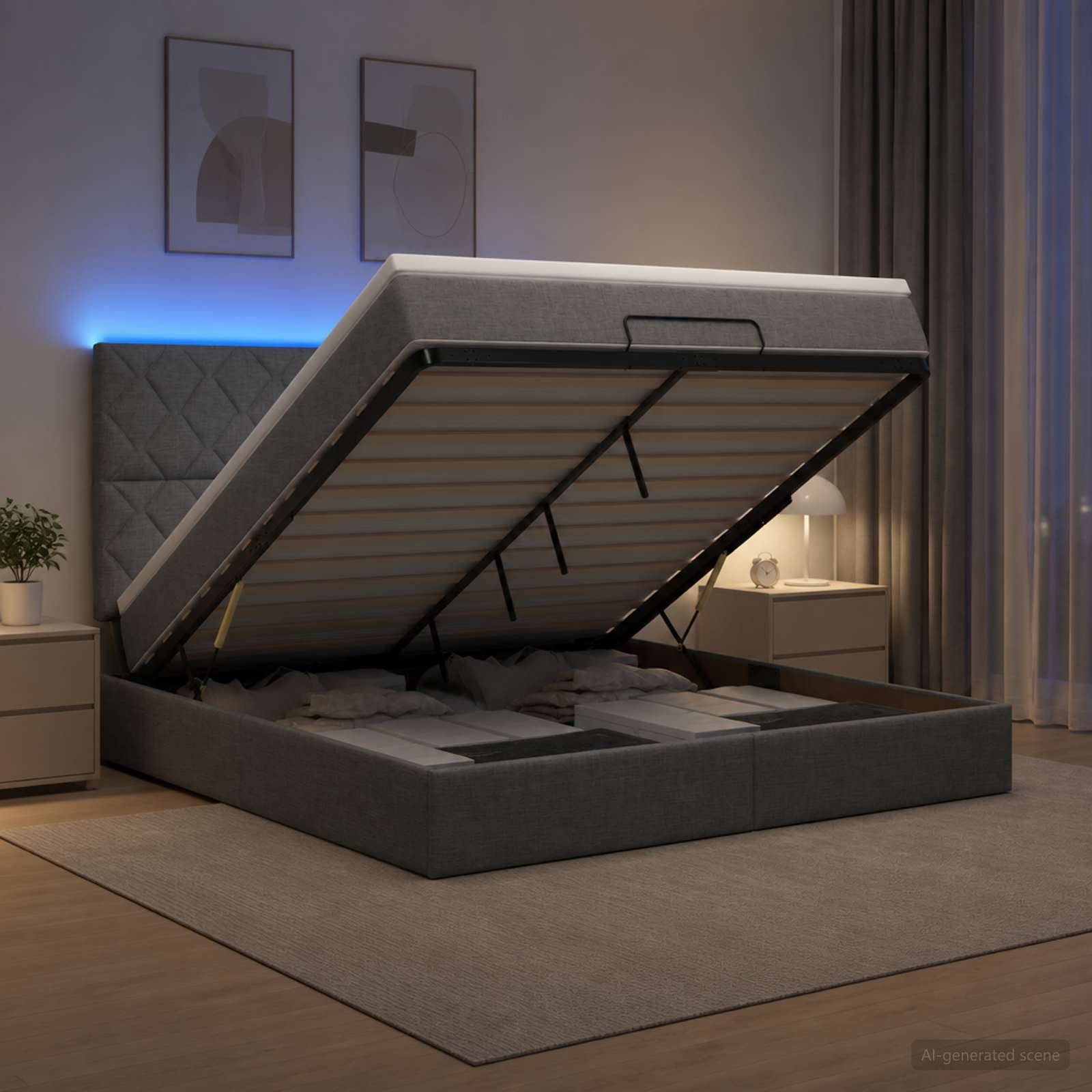 Modernes grau gepolstertes Speicherbett mit der hochgeklappten Matratzenplattform, die das Unter-Bett-Fach in einem Schlafzimmer zeigt.