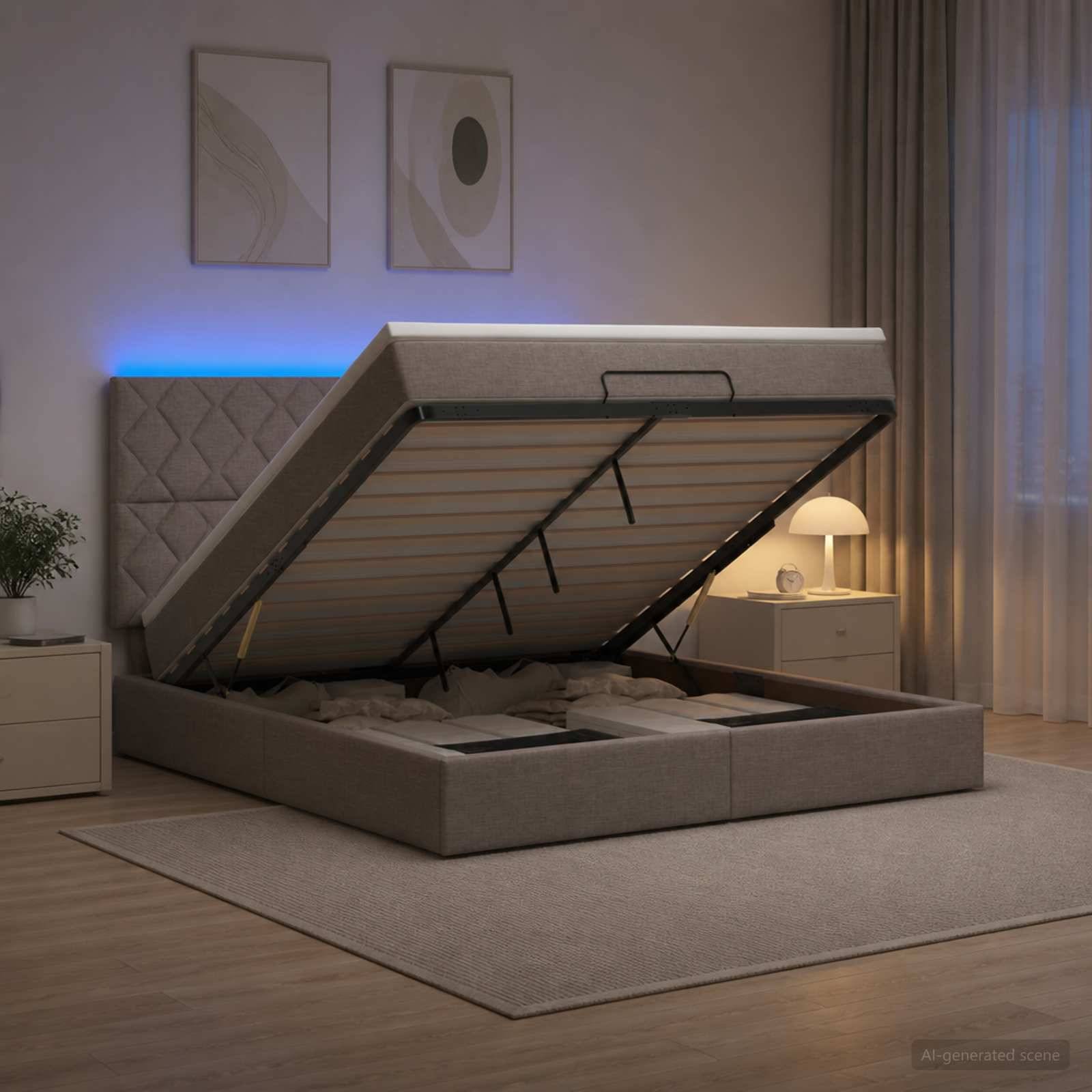 Modernes Polsterbett mit hydraulischer Speicherhubvorrichtung angehoben, wobei darunter liegende Abteile in einem sanft beleuchteten Schlafzimmer sichtbar werden.