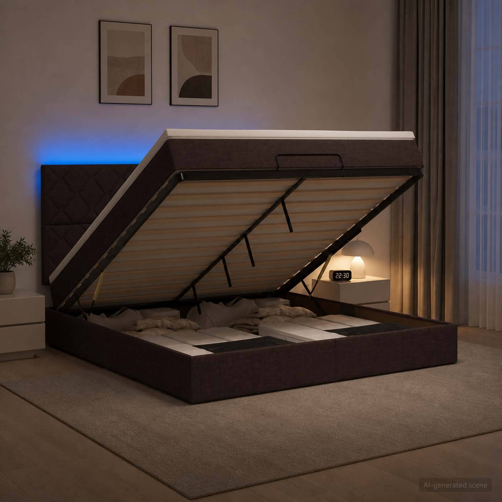 Modernes Schlafzimmer mit einem hochklappbaren Stauraumbett, das offen ist und die Matratze sowie den Innenstauraum unter dem hochgehobenen Rahmen zeigt.
