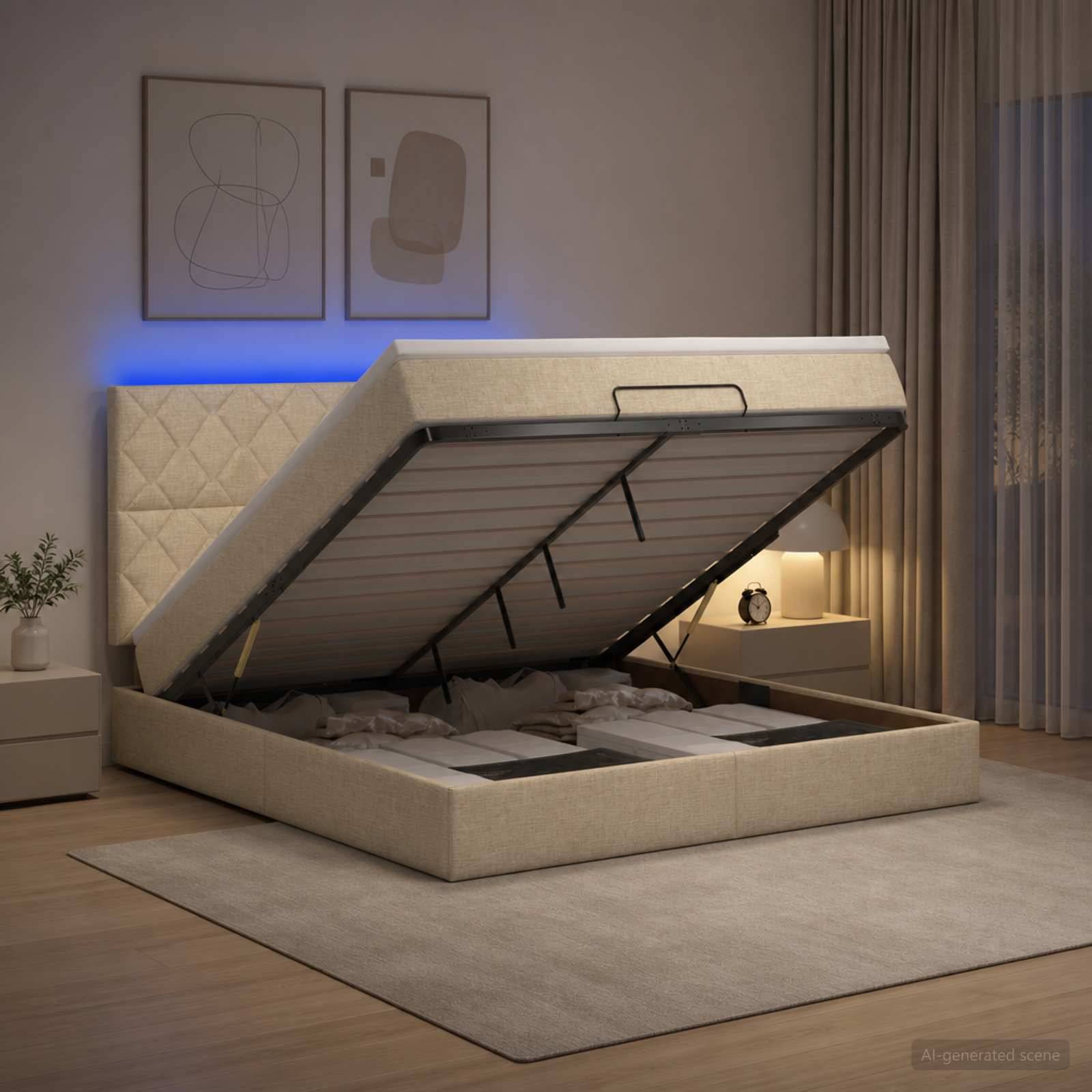 Gepolstertes Speicherbett mit Matratzenunterlage, die auf einem hydraulischen Scharnier angehoben wird und unter dem Bett ein Fach in einem modernen Schlafzimmer zeigt.