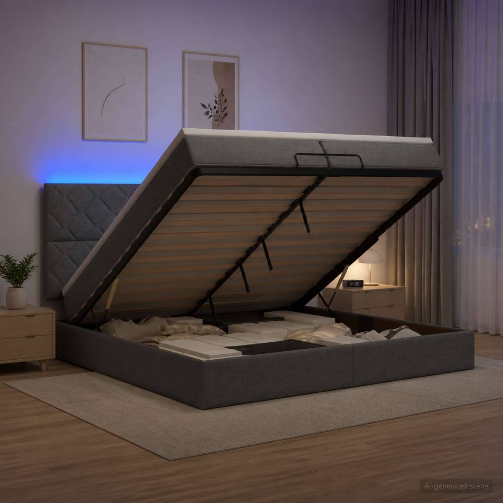 Modernes Polsterbett mit einer großen aufklappbaren Speicherbasis, offen gezeigt, um die Aufbewahrung darunter in einem sanft beleuchteten Schlafzimmer zu enthüllen.