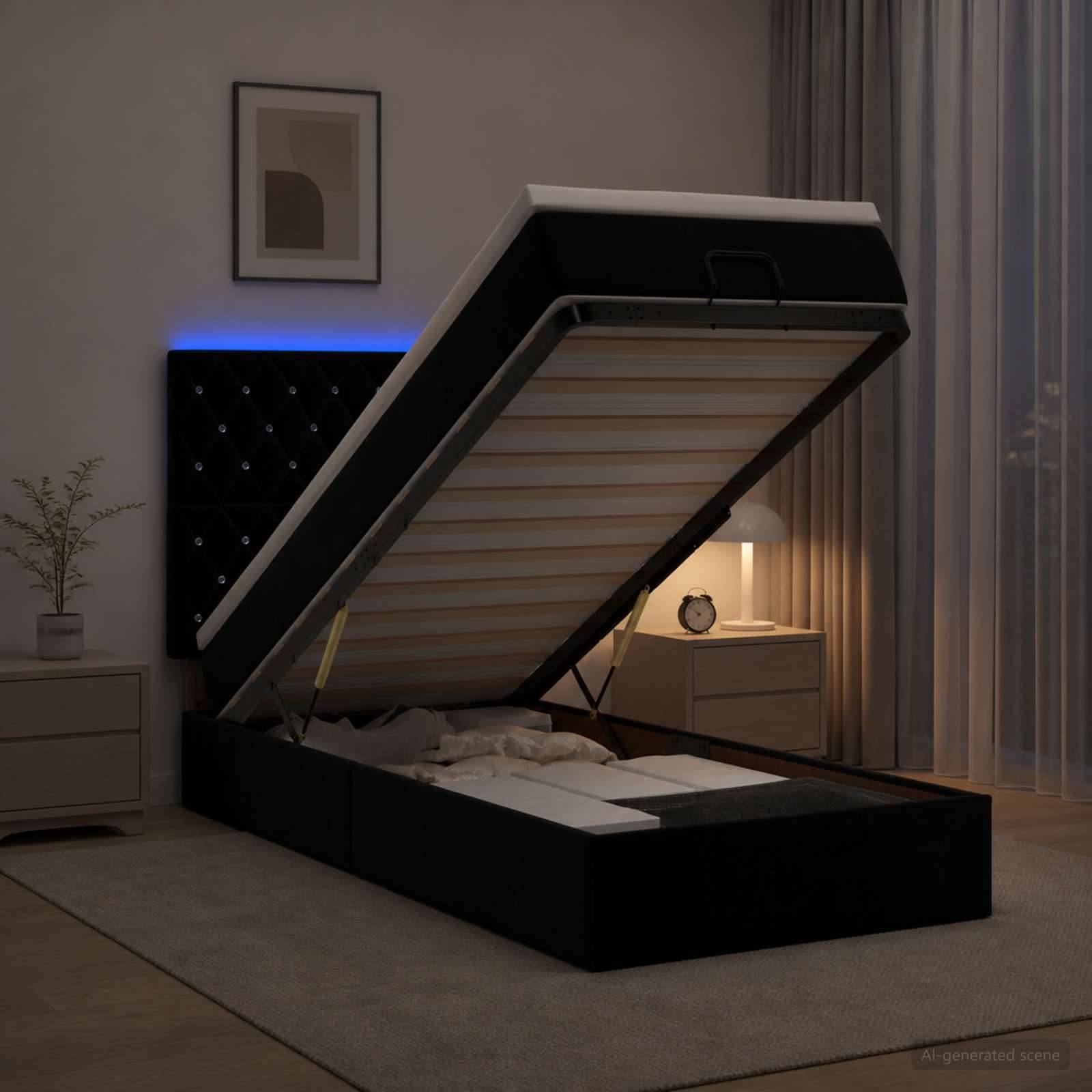 Ein modernes schwarz gepolstertes Bett mit Hubmechanismus-Stauraum ist in einem Schlafzimmer geöffnet und zeigt die angehobene Matratzenunterlage und das darunter liegende Lagerungsfach.