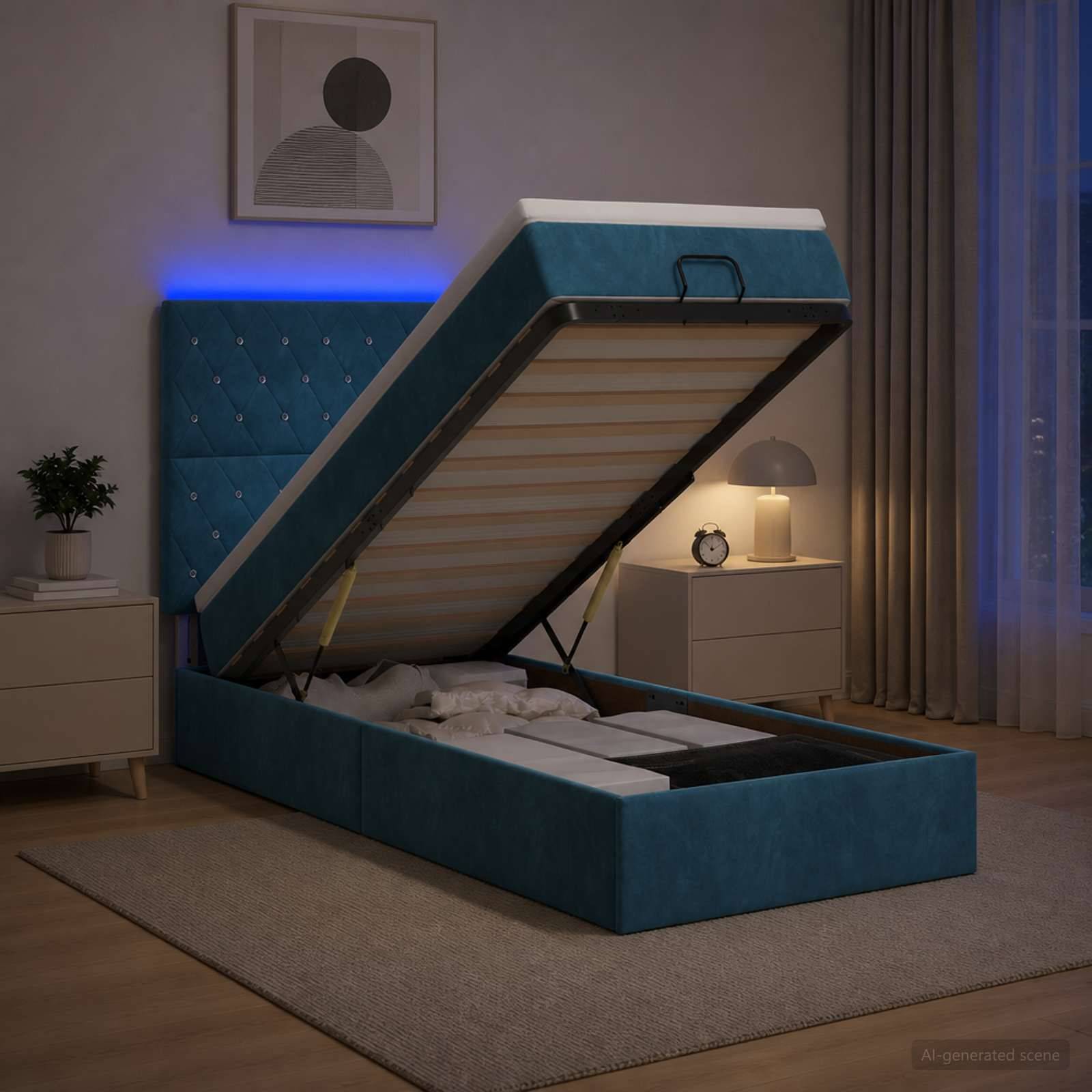 Blaues, gepolstertes Bett mit Hydraulikhubmechanismus offen, das die Matratzenunterlage in einem modernen Schlafzimmer mit Nachttischen und Lampe zeigt.