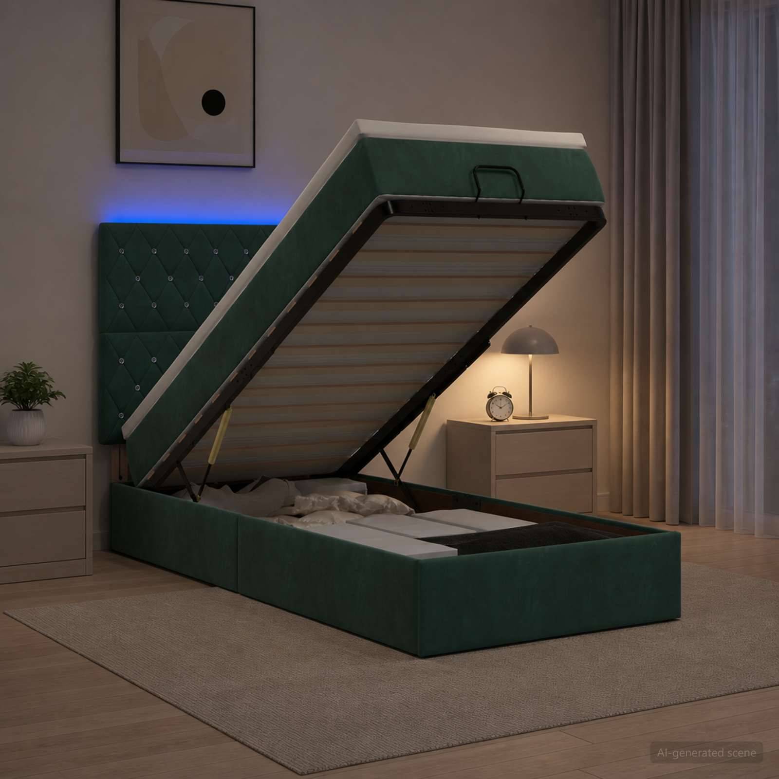 Grünes gepolstertes Ottomanbett mit aufgeklappter Matratze, das darunter liegende Stauraum in einem modernen Schlafzimmer bei Nacht zeigt.