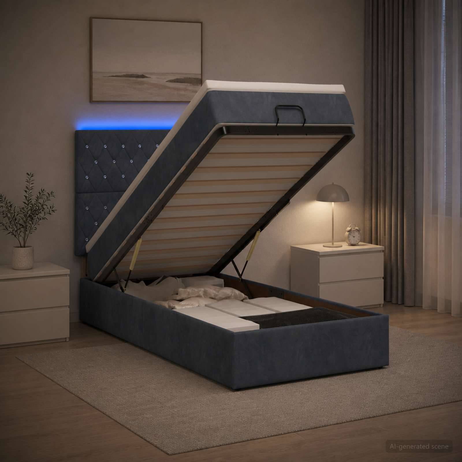Modernes Schlafzimmer mit einem gepolsterten Bett, das hochgeklappt ist und unter dem Bett Stauraum zeigt, flankiert von Nachttischen und einer Lampe.